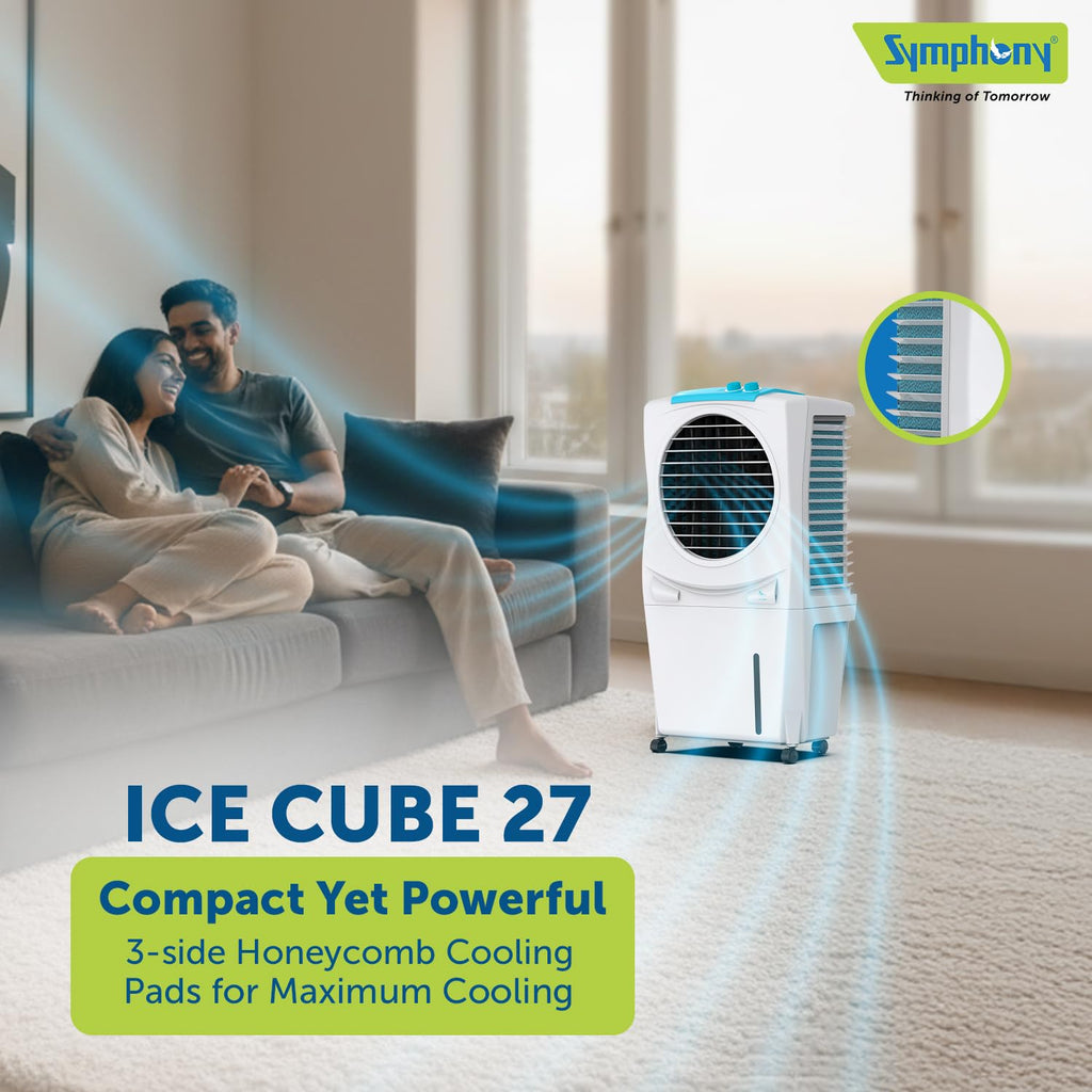 Symphony Ice Cube 27 Personal Air Cooler For Home with Powerful Fan, Honeycomb Pads, i-Pure Technology and Low Power Consumption (27L, White)