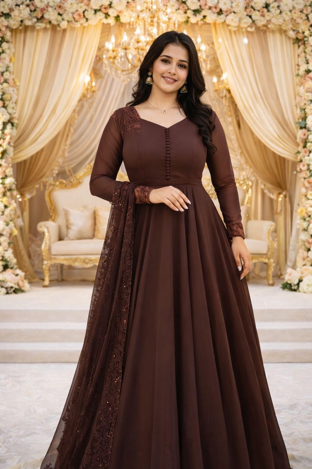 Women Suit Anarkali Set with Dupatta | Long Sleeve Embellished for Wedding Festive | Ethnic Anarkali Women Suit (IN, Alpha, 3XL, Regular, Standard, Brown)