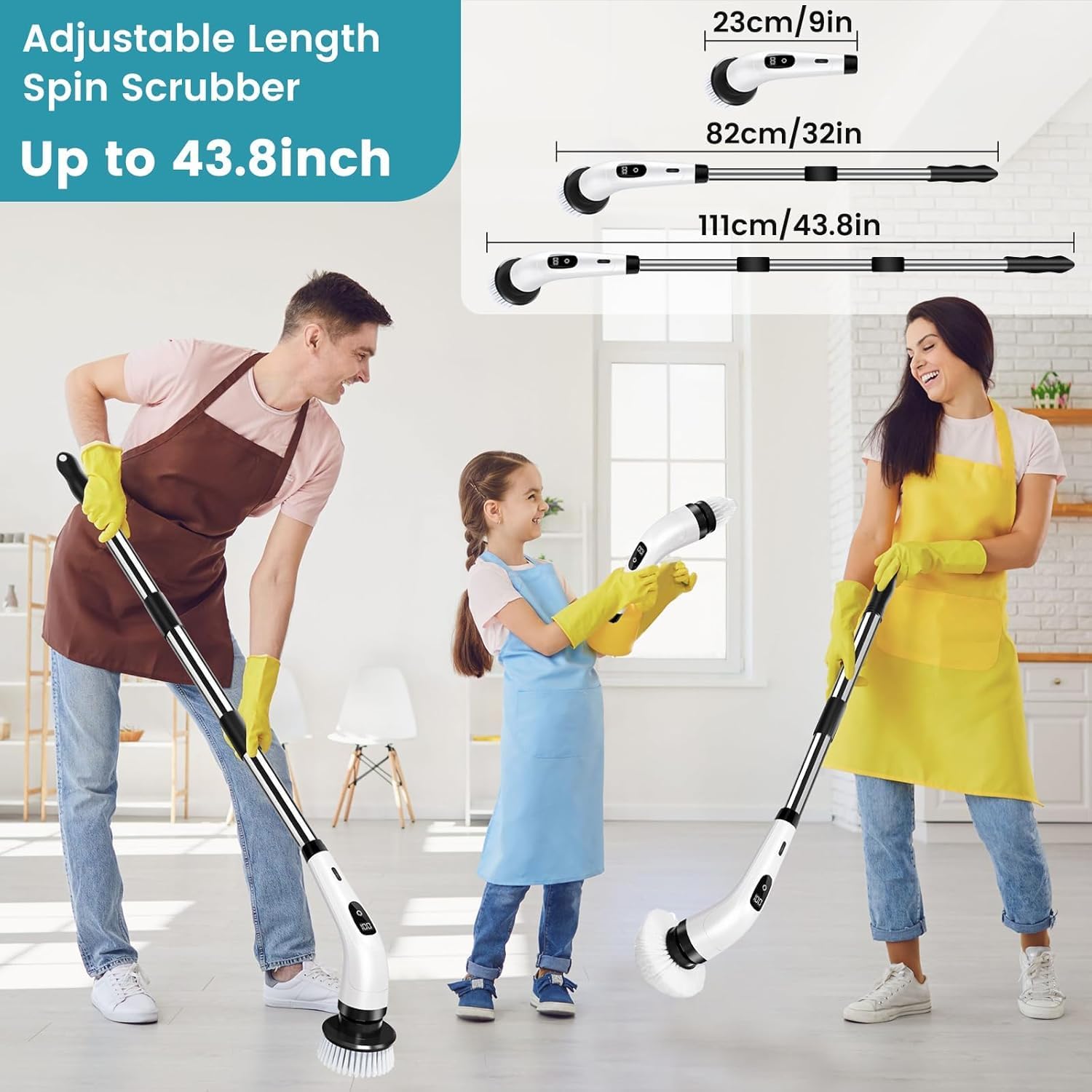 DADLM® 9 in 1 Electric Spin Scrubber,Cleaning Brush Scrubber for Home, 400RPM/Mins-9 Replaceable Brush Heads-90Mins Work Time,Adjustable Size,2 Adjustable Speeds for Bathroom Shower (1)