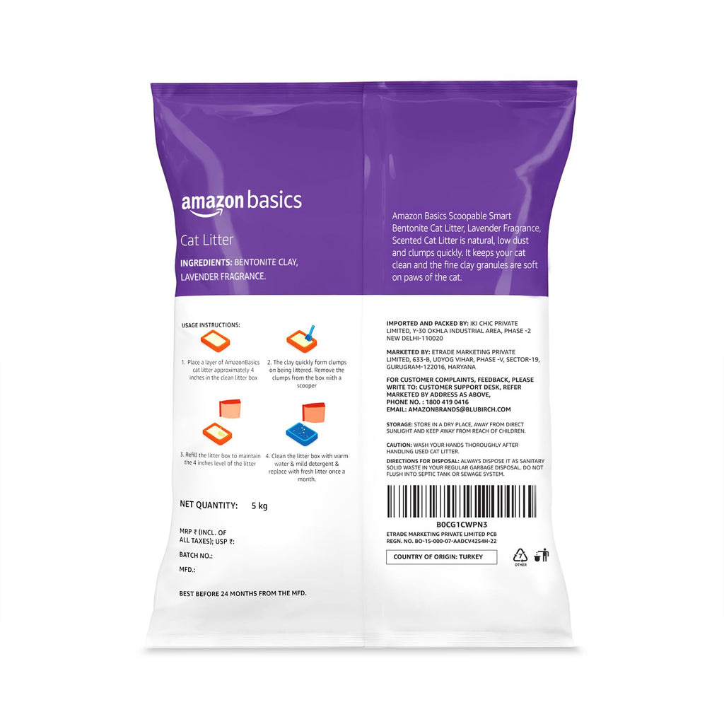 Amazon Basics Scoopable Smart White Bentonite Scented Cat Litter | 10 Kg | 5 Kg X 2 Packs | Organic | Bentonite From Turkey | Dust-Free | Lavender Fragrance