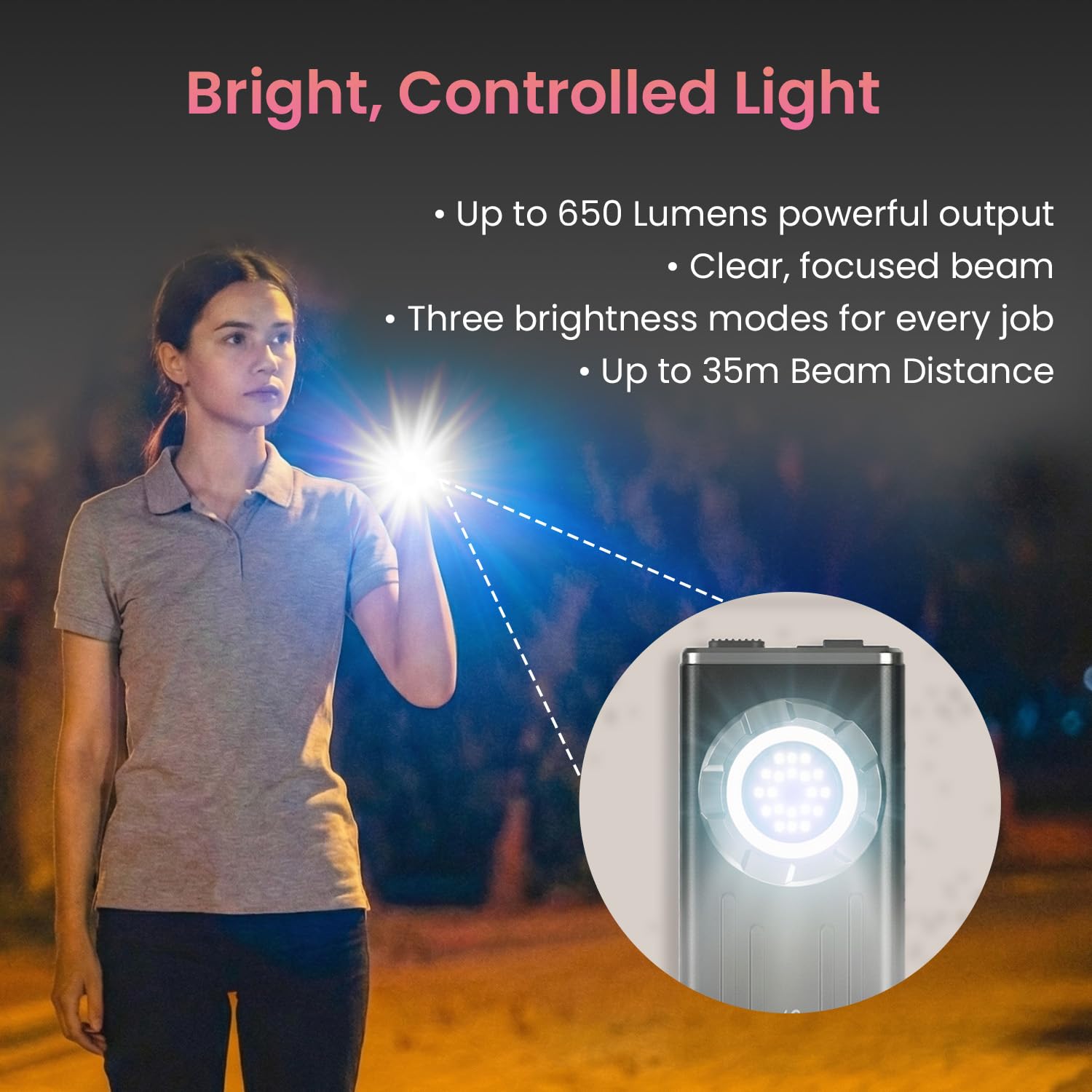 Portronics Eco Glow Bolt Rechargeable Magnetic LED Torch, 650 Lumens, 3 Modes, Type-C Charging, Pocket Clip, Aluminium Body, 35m Beam Range, Ideal for Camping, Repairs, Car, Emergency & Home Use