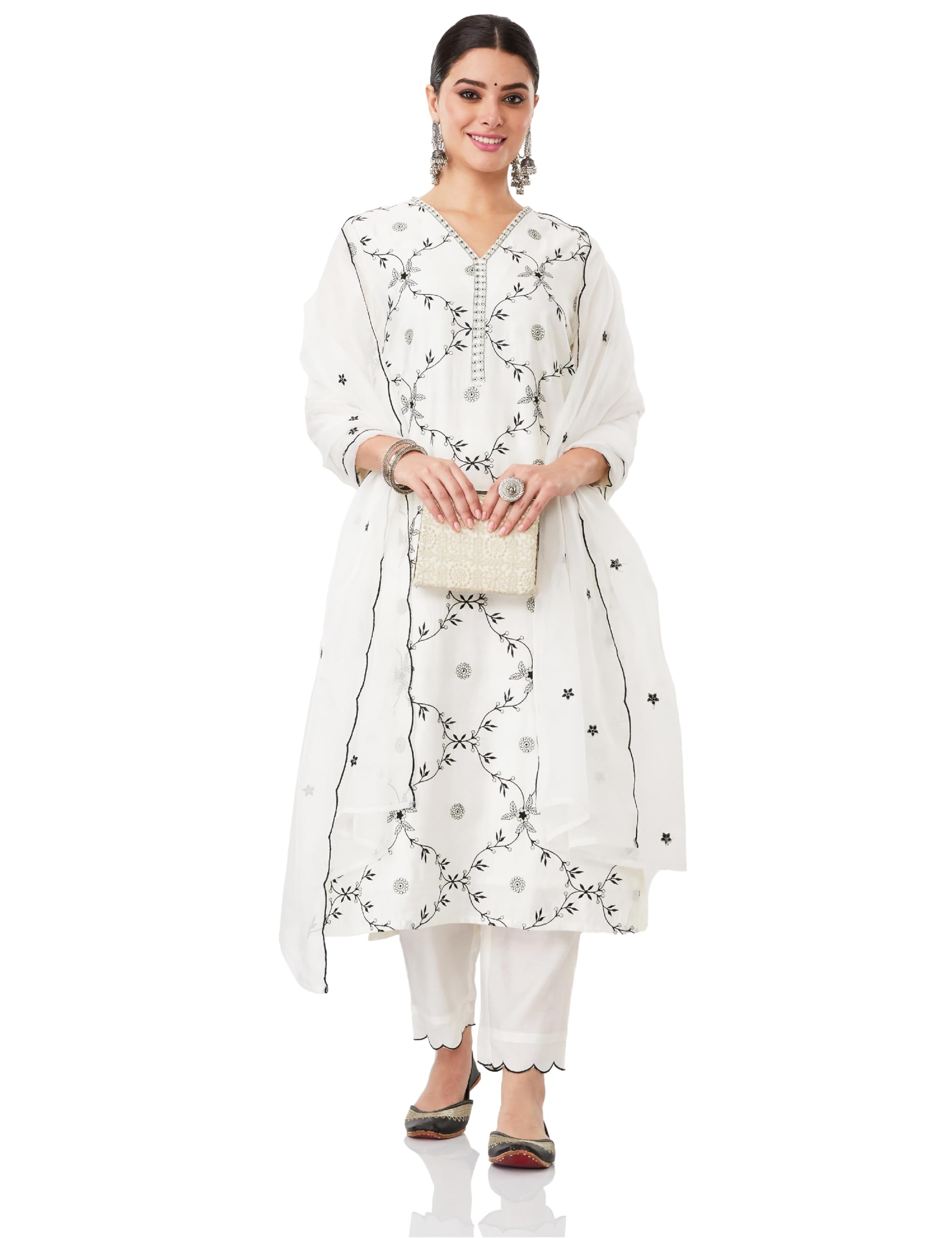 Amazon Brand - Myx Women's Embroidered Kurta Pant Set with Organza Dupatta (SS25-MYX-SUR-KS-17_Off-White_L)