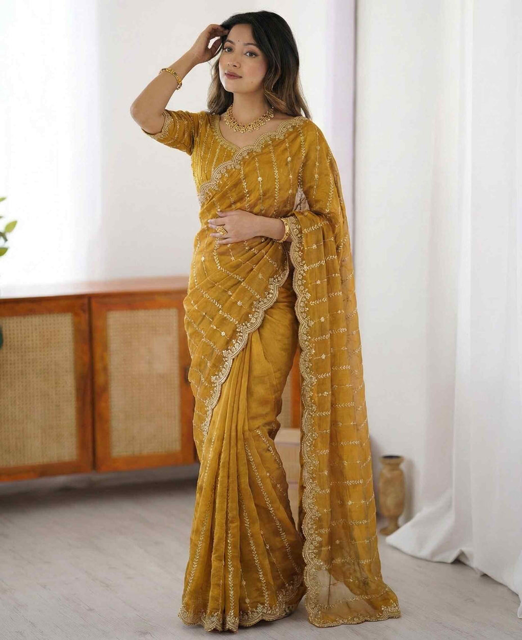 Shiv Textiles Women's Fendy Satin Embroidery Work Saree(CM-911-MUSTARD)
