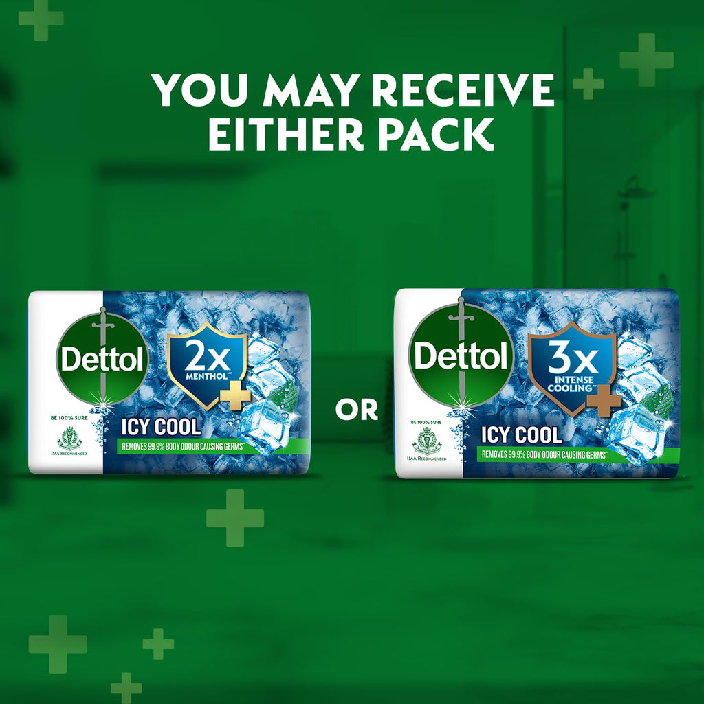 Dettol Icy Cool Bathing Soap Bar With 3x intense cooling (400gm), 100gm - Pack of 4