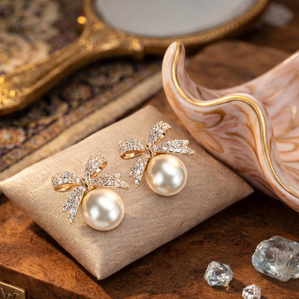 Combo of 3 Latest stylish Pearl earrings set for women and girls | drop earrings, bow earrings & halo earring set | Korean earrings set | Pearl studs earrings for women & Girls