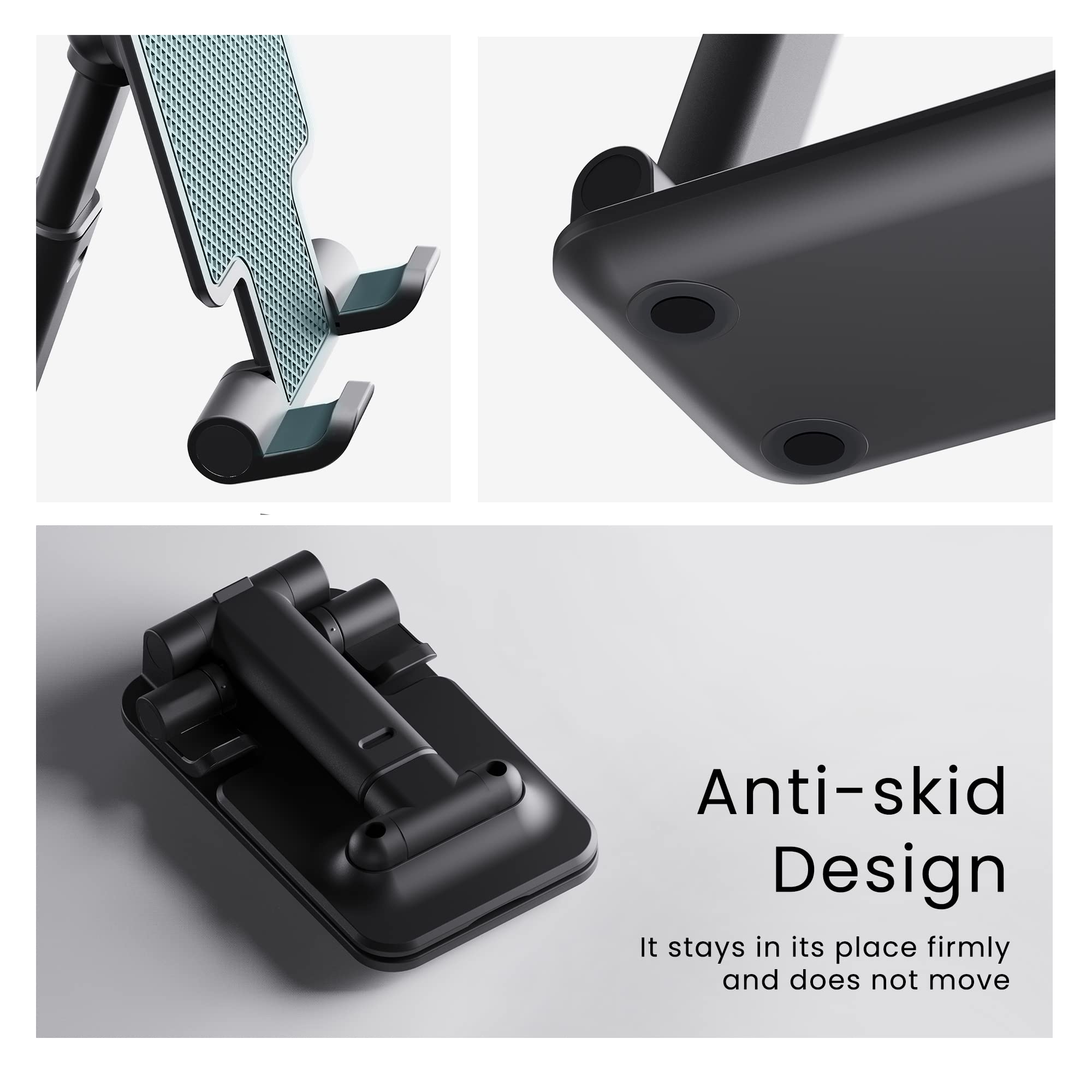 Ambrane Multipurpose Tabletop Mobile Stand | Adjustable Angle & Height| Universal Holder for iPhone, Samsung, OnePlus & All Smartphones | Portable, Anti-Skid | for Home, Office, Bed & Gifting (Black)