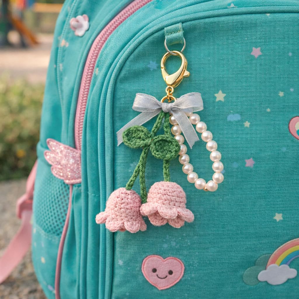 Handmade Crochet Cherry Keychain with Pearl Loop & Gold Clasp | Cute Pink Yarn Bag Charm for Girls & Women | Aesthetic Bike Key & School Bag Accessory