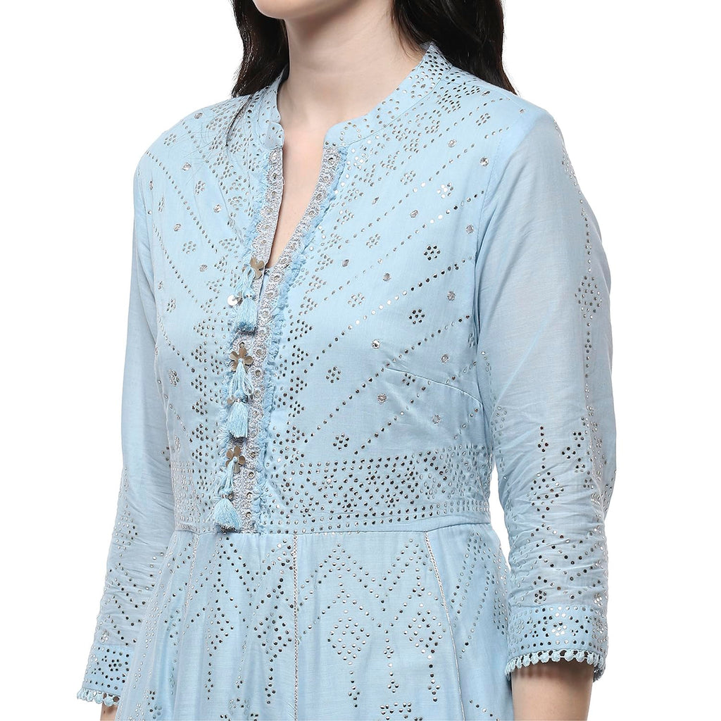 Biba Women Powder Blue Cotton Embellished Anarkali Kurta Set_36