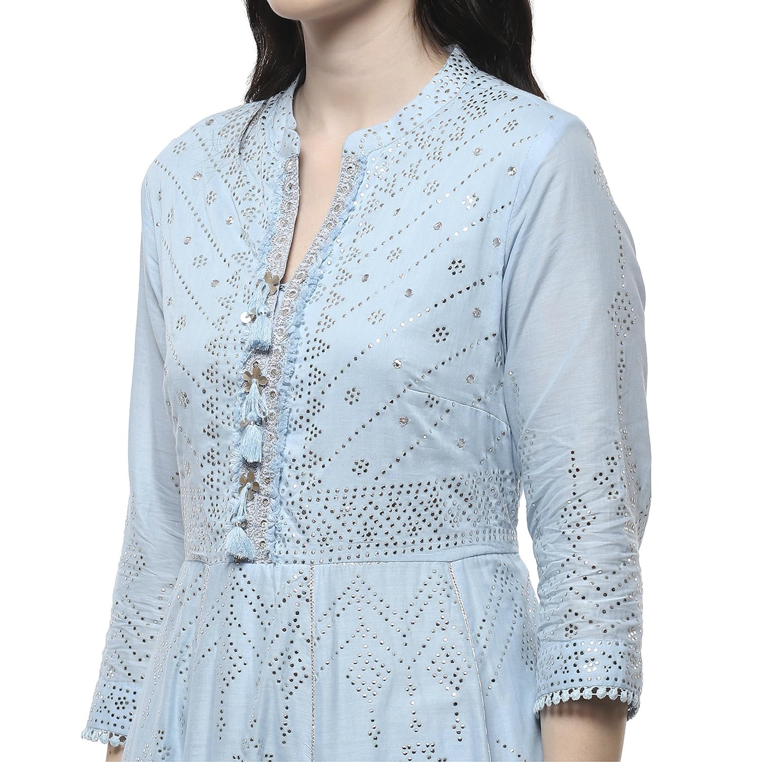 Biba Women Powder Blue Cotton Embellished Anarkali Kurta Set_36