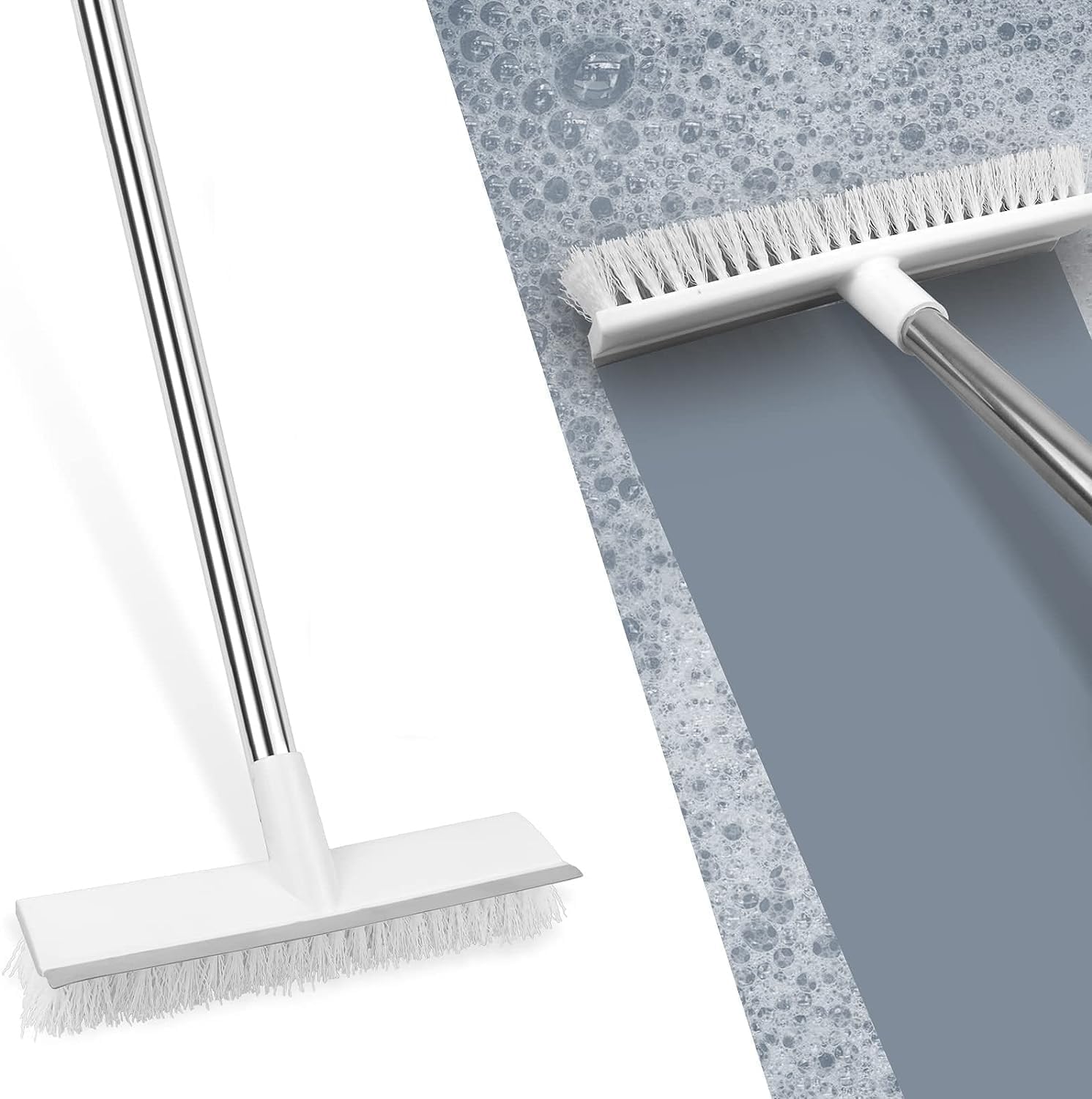 Miltion Multifunctional 2 in 1 Bathroom Cleaning Brush with Wiper, Long Handle Floor and Tiles Scrub Brush, 120° Rotating Head, White
