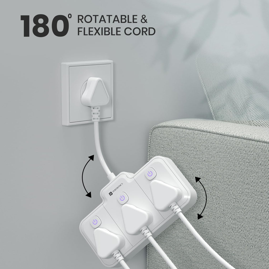 Portronics 2500W Power Plate Nano 3-in-1 Power Extender with 3 Universal Sockets, Individual Switches, 180° Flexible Cord, Child Safety Shutters, for Home, Office, Laptops, Mobiles & Appliances
