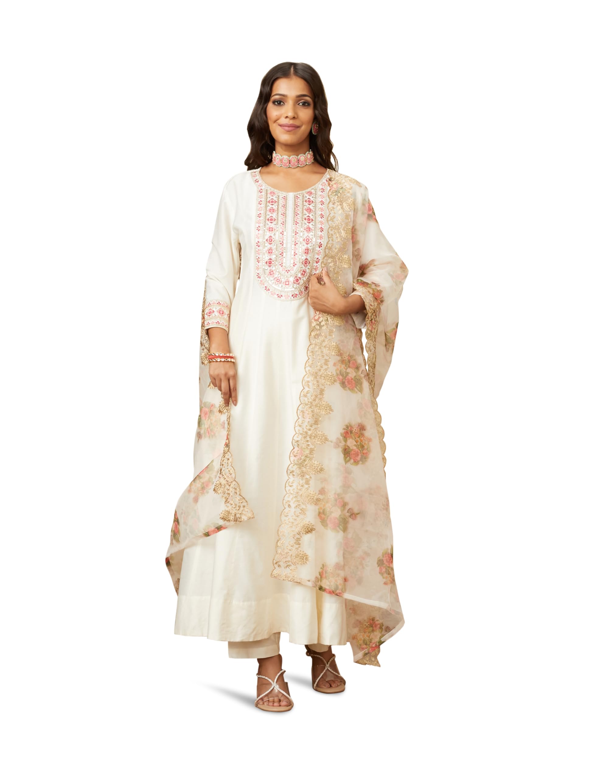 Amazon Brand - Myx Women's Embroidered Anarkali Kurta Pant Set with Organza Dupatta | Viscose,Rayon | A-line fit (AW24-MYX-SKD-VN-03_Off-White_L)