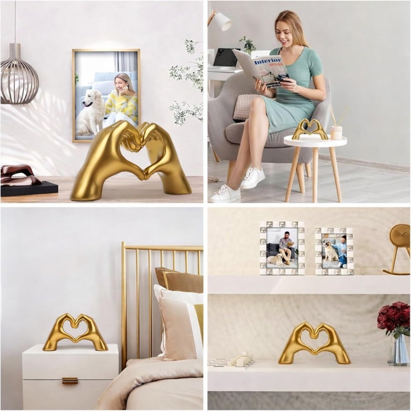 PulGos Golden Hand Heart Statue - Modern Finger Gesture Sculpture & Showpiece for Home Decor | Aesthetic Decorative Items for Living Room, Bedroom, Office Desktop, Bookshelf & Luxury Gifting