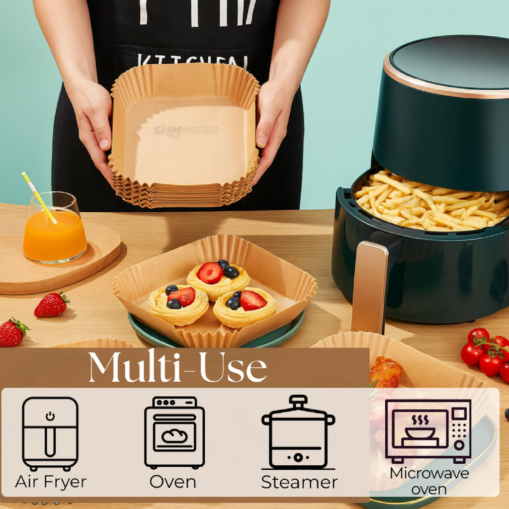 SNMMIFER Air Fryer Liners Disposable, 8 Inch Square, Unbleached Parchment Paper, Non-Stick Waterproof, for 5-8 QT Air Fryer Basket, 100 Pieces
