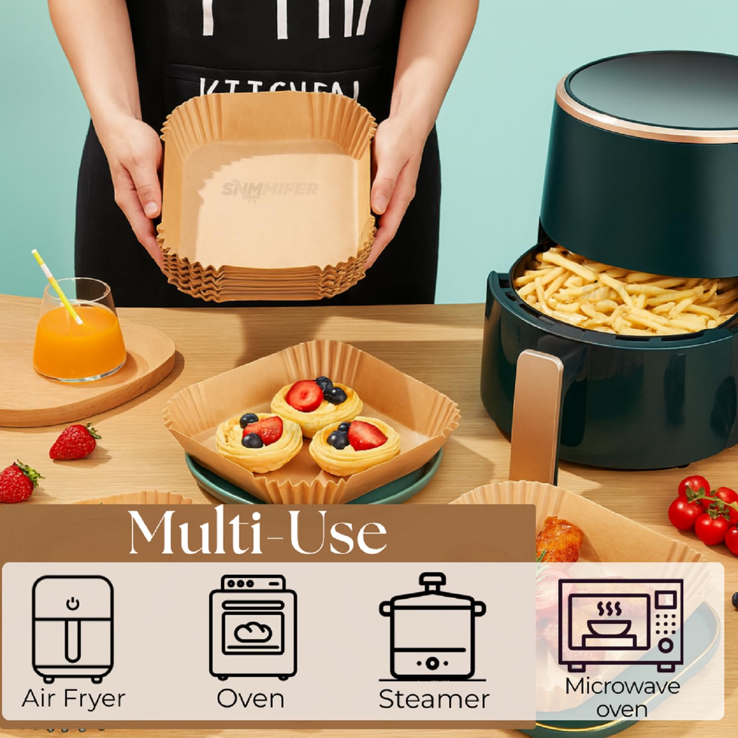 SNMMIFER Air Fryer Liners Disposable, 8 Inch Square, Unbleached Parchment Paper, Non-Stick Waterproof, for 5-8 QT Air Fryer Basket, 100 Pieces