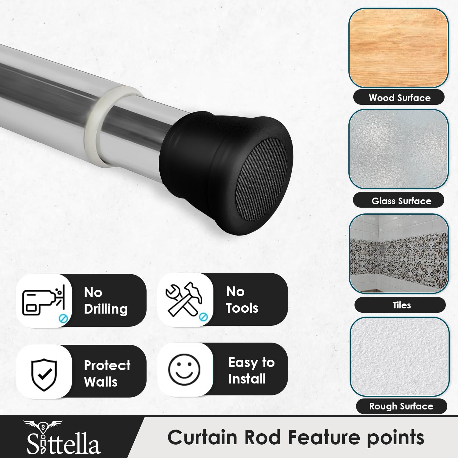 SITTELLA® (85Cm To 140Cm) Extendable Shower Curtain Tension Rod Non-Drilling Anti-Skid Spring Pull Rod -Stainless Steel, Silver-Black