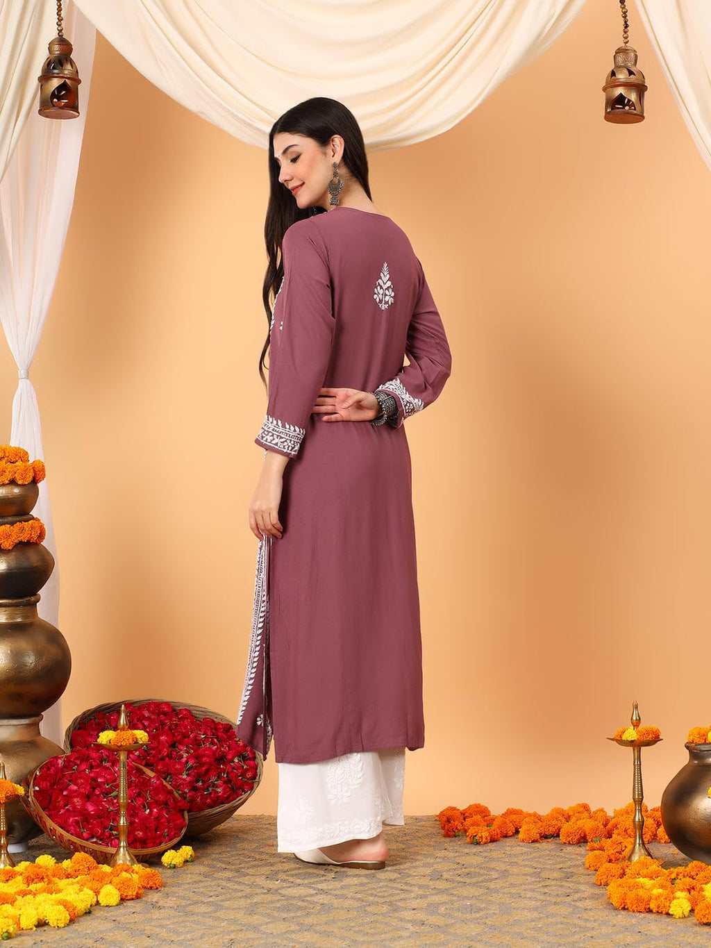 GoSriKi Women's Viscose Straight Embroidered Kurta (Kinjal Mauve-GS_L_Maroon_Large)