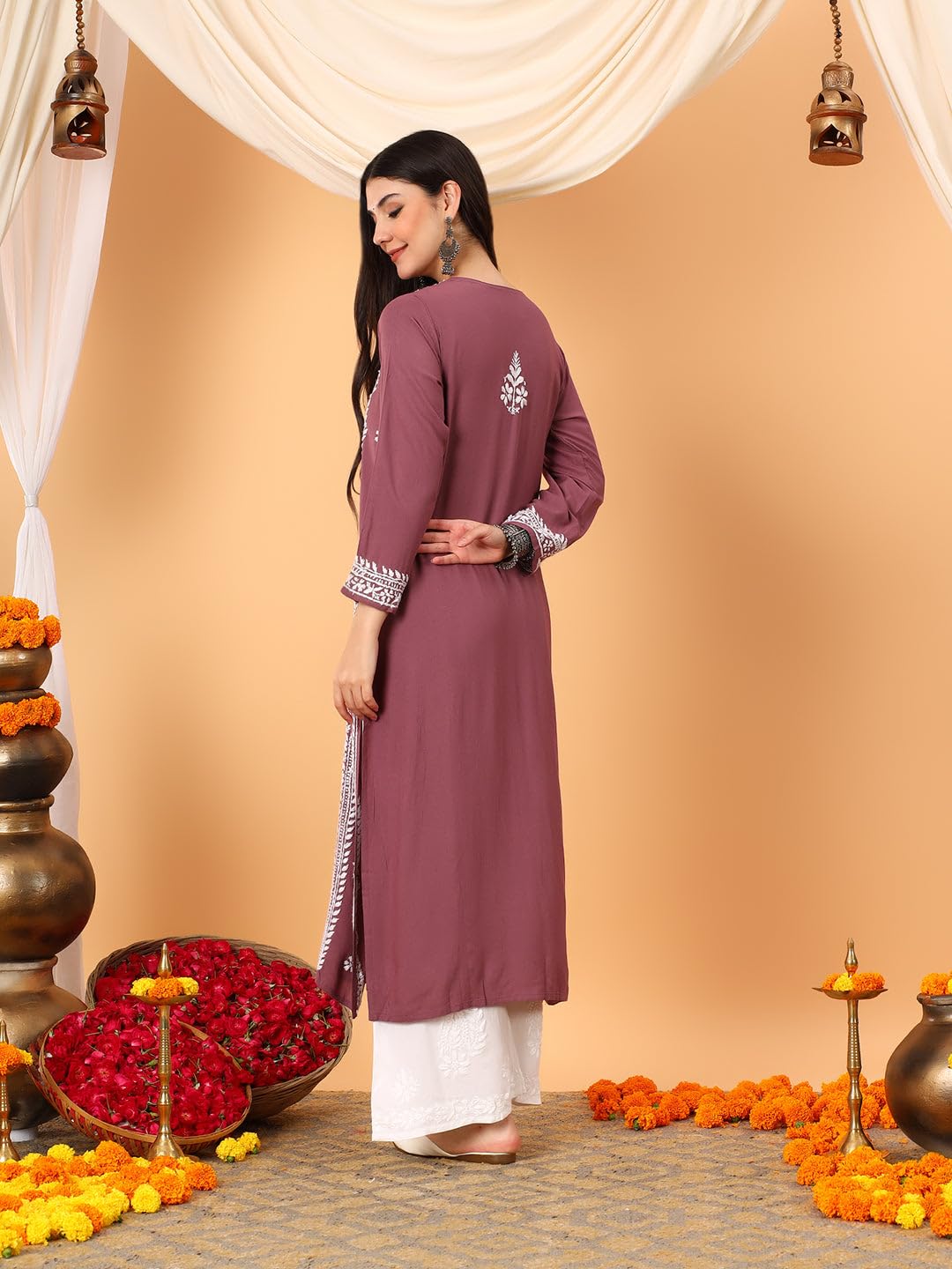 GoSriKi Women's Viscose Straight Embroidered Kurta (Kinjal Mauve-GS_L_Maroon_Large)