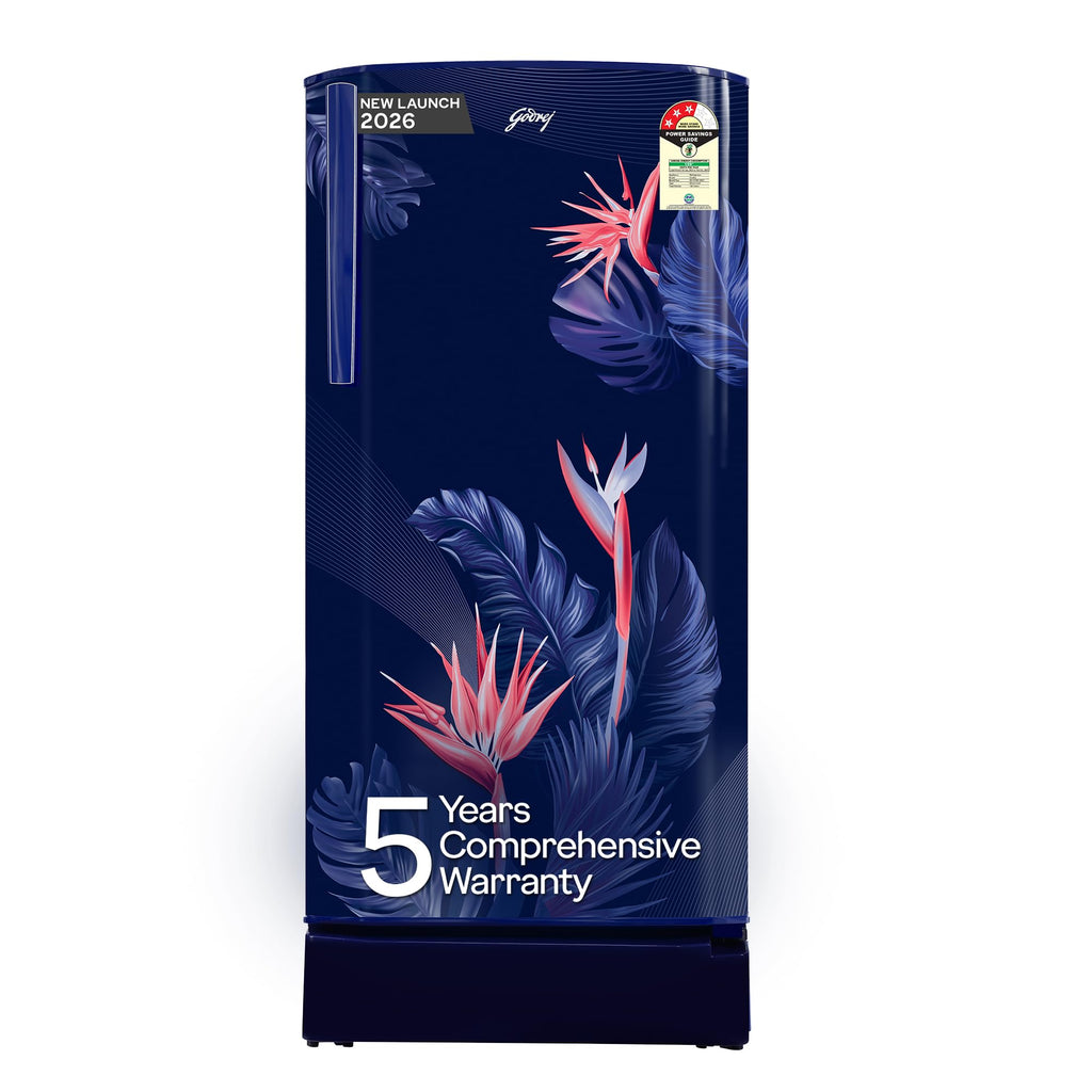 Godrej 183 L 3 Star 5 Years Comprehensive New Launch | Toughened Glass Shelves | 24 Day Farm Freshness | Jumbo Vegetable Tray | Single Door Refrigerator (RD R190CN THF FR BL, Floral Blue)