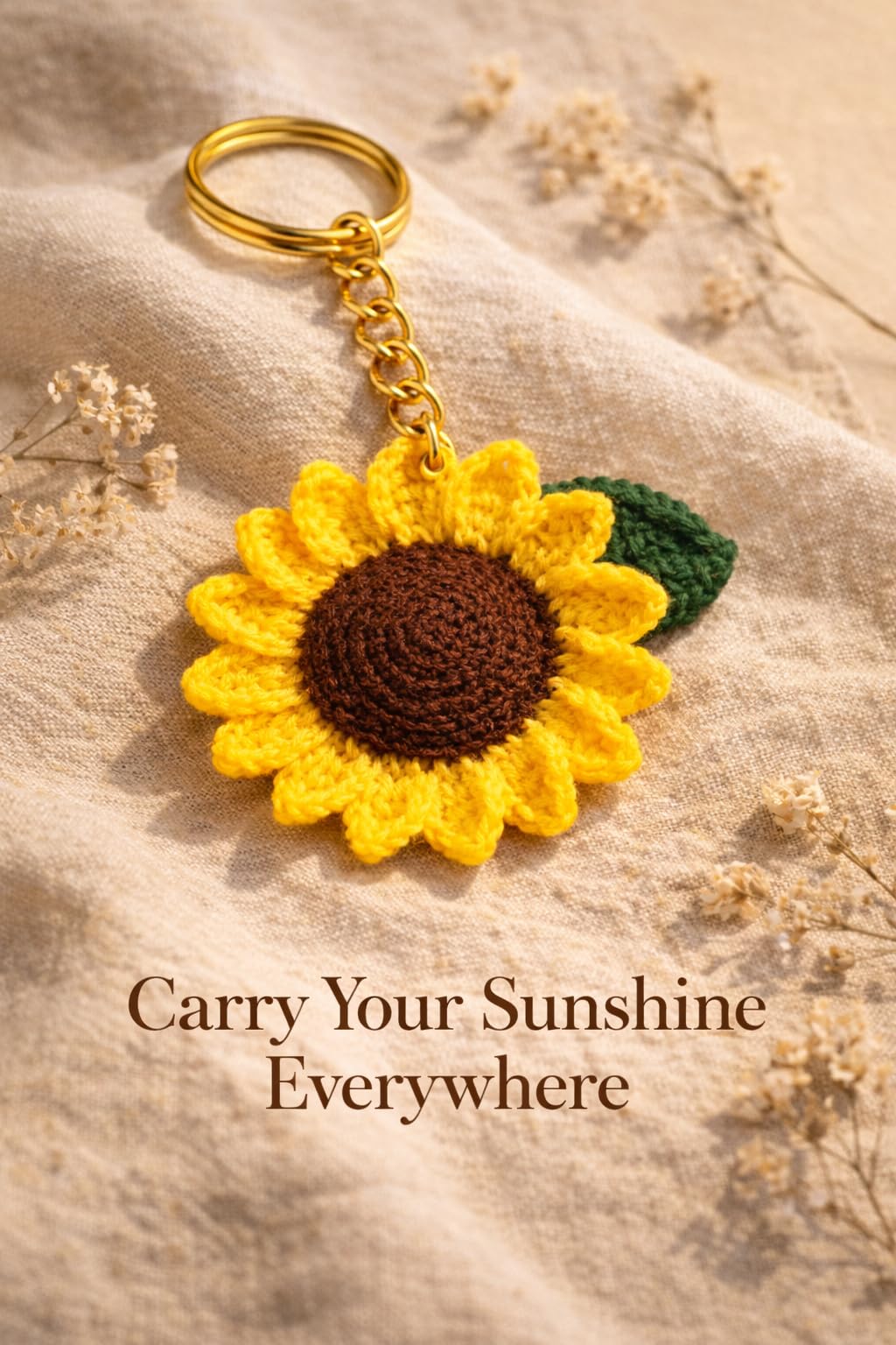 VARIQ Handmade Crochet Sunflower Keychain for Women & Girls, Cute Yellow Flower Key Ring Charm, Soft Yarn Knitted Gift, Bag Charm, Car Key Holder, Aesthetic Handmade Floral Accessory