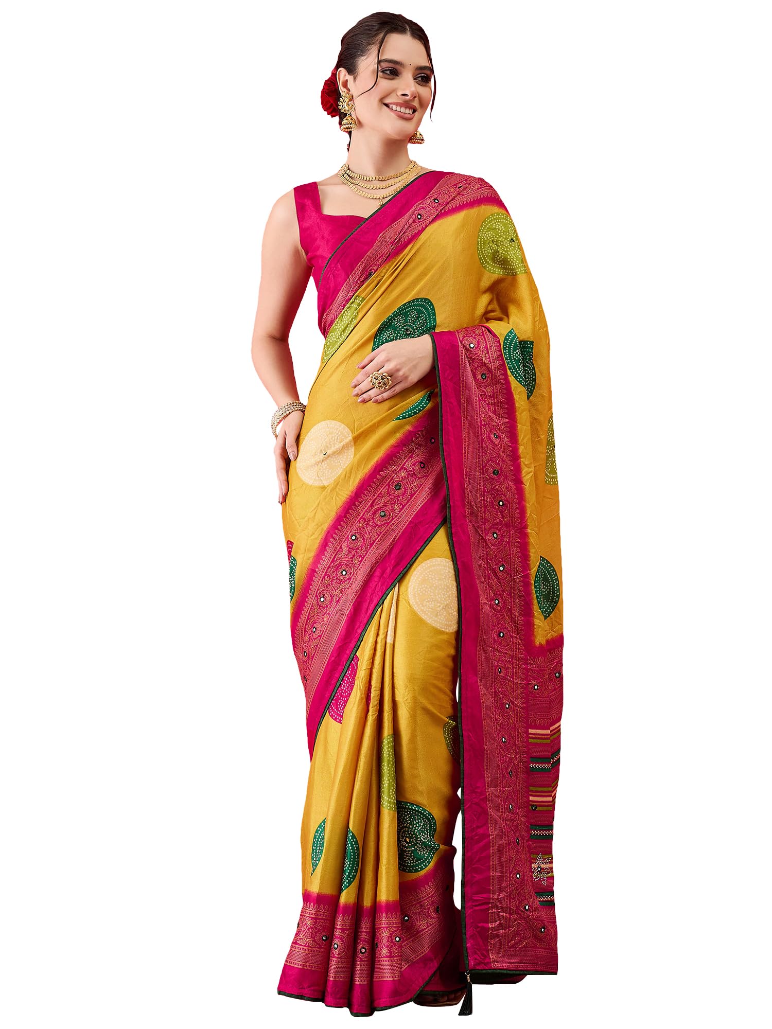 AKHILAM Women's Bandhani Printed Chiffon Saree with Blouse