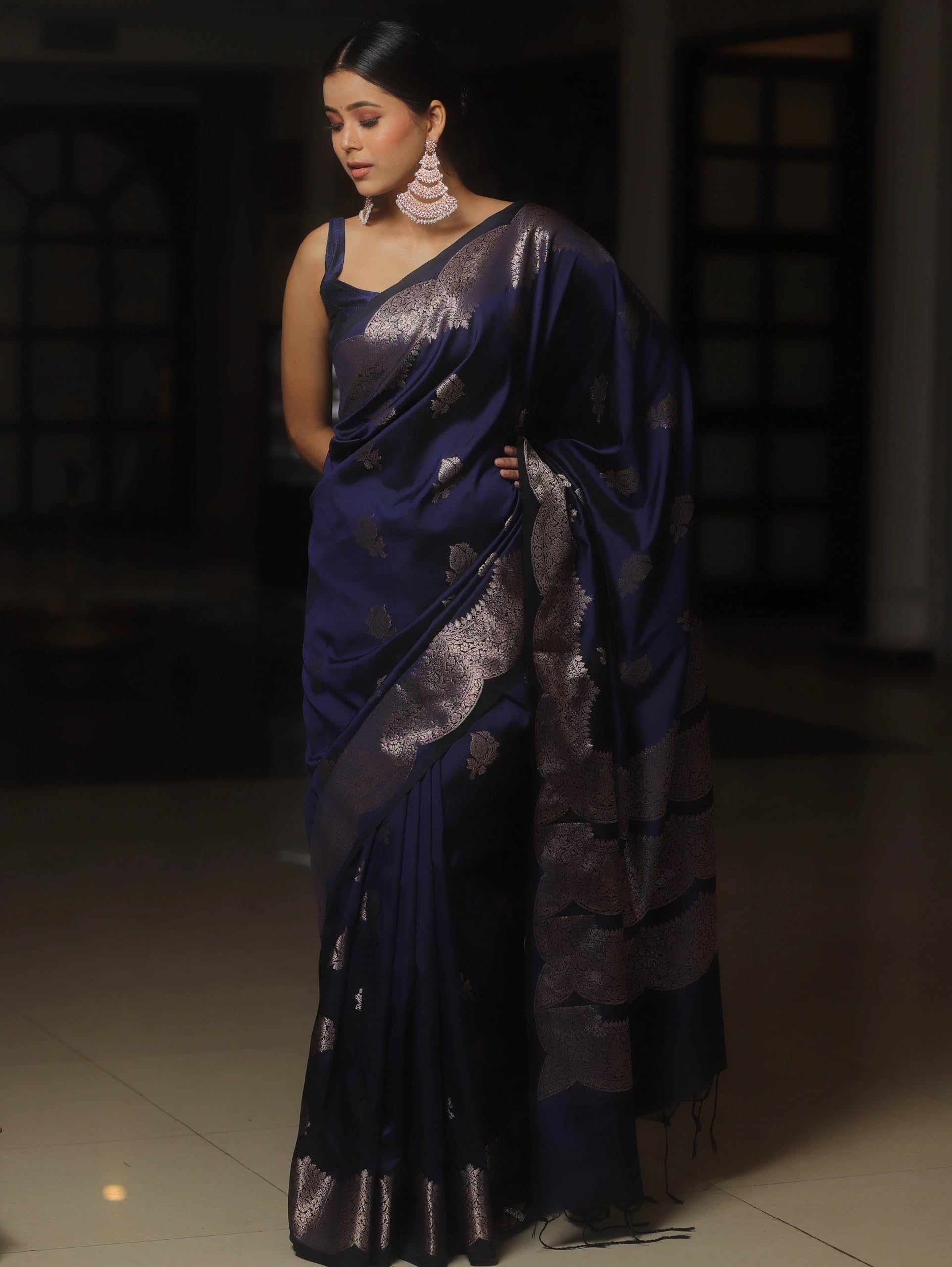 Shasmi Women's Navy Blue Banarasi Pure Kanjivaram Silk Saree Soft new ladies Design Wear Pattu Sarees Latest 2026 Cotton Party Sari collections With Blouse Piece for Wedding sadi (PARI-239-NEVIBLUE)