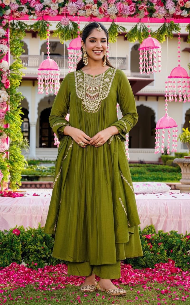 Nermosa Women Embroidery Solid Anarkali Kurta and Pant Set with Dupatta (IN, Alpha, 2XL, Green)