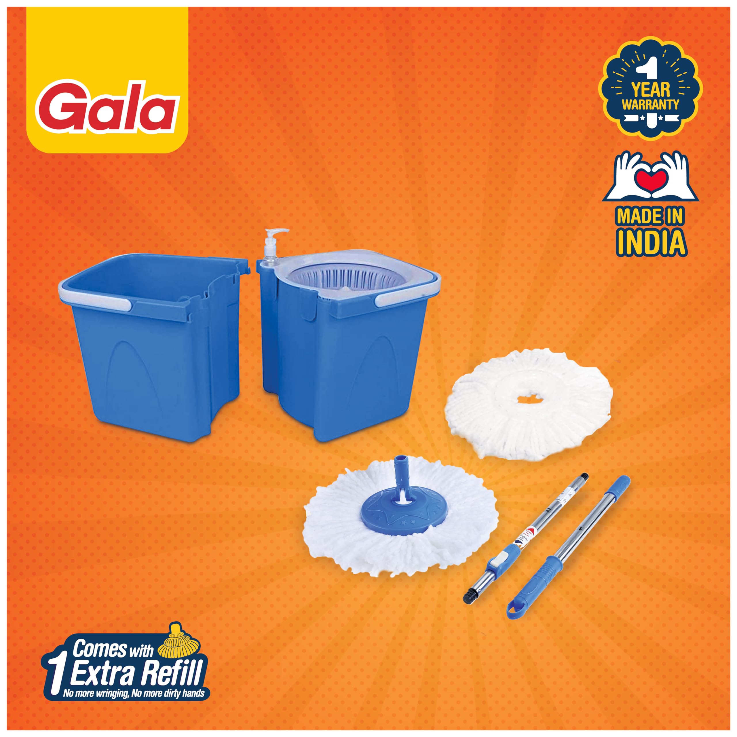 Gala Twin Bucket Spin Mop, 2 Microfiber Refills, Floor Cleaning Mop stick with Bucket, pocha for floor cleaning, Mopping Set with two buckets (white and blue)