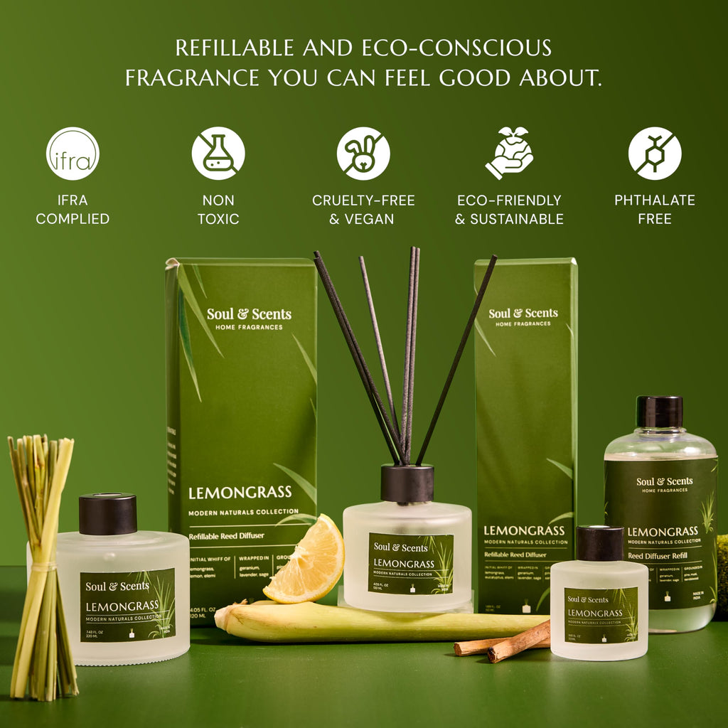 Soul & Scents Glass 120ml Lemongrass Reed Diffuser Set | Free 6 Fiber Reed Sticks | Stress Relief & Aromatherapy | Long-Lasting, Smoke-Free Air Freshener for Home, Bedroom & Office | Ideal for Gifting