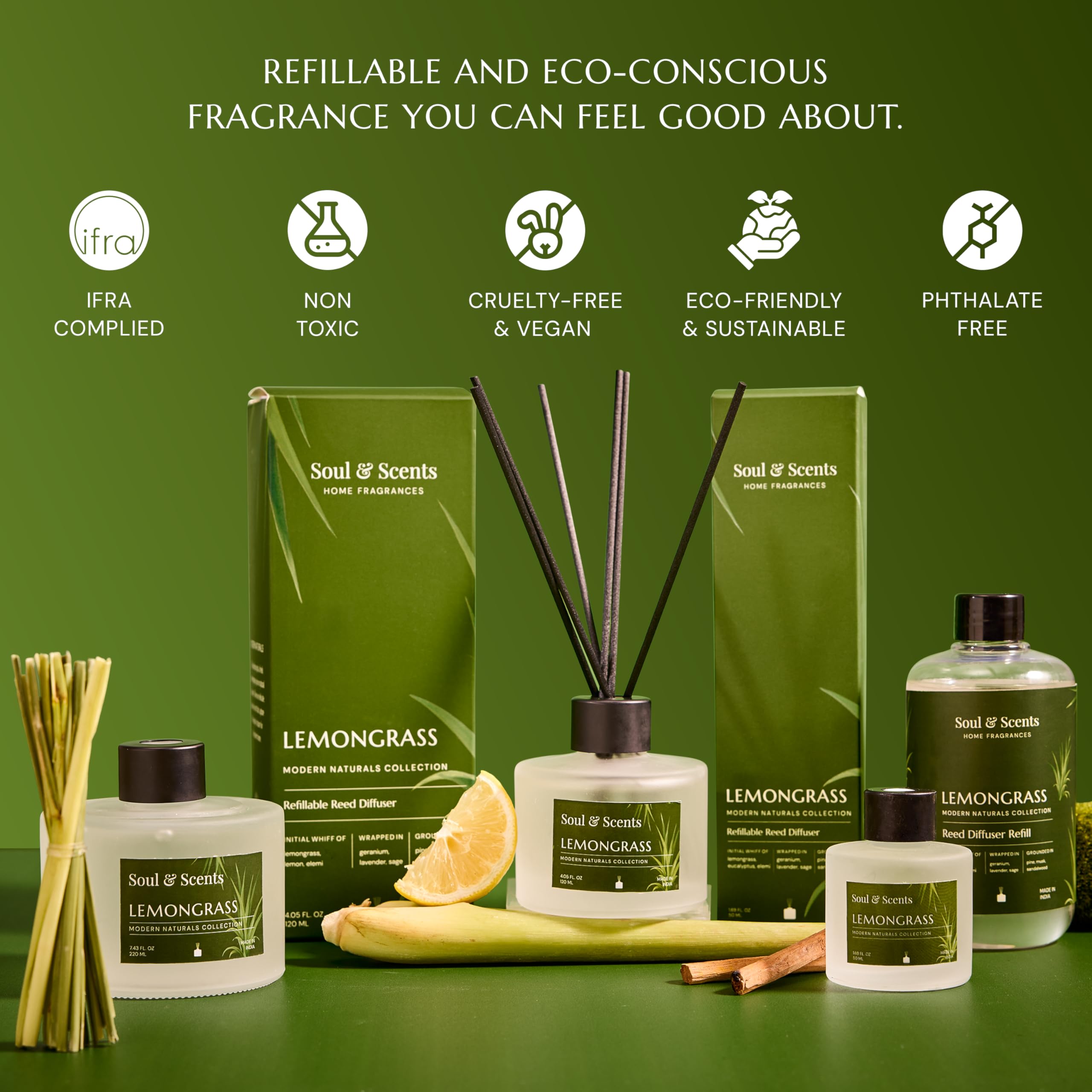 Soul & Scents Glass 120ml Lemongrass Reed Diffuser Set | Free 6 Fiber Reed Sticks | Stress Relief & Aromatherapy | Long-Lasting, Smoke-Free Air Freshener for Home, Bedroom & Office | Ideal for Gifting