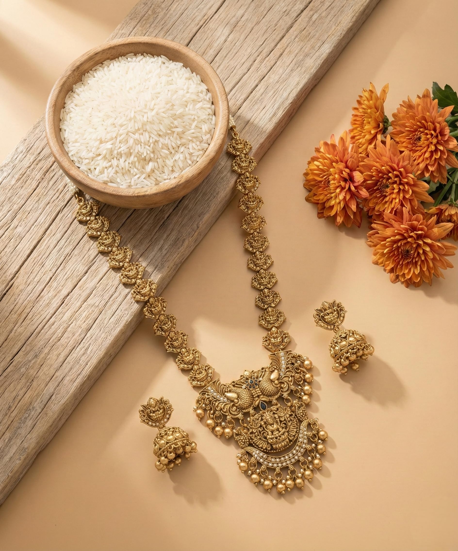 Diksha Collection South Indian Traditional Antique Matte Gold Finish Goddess Lakshmi & Peacock Motif Long Necklace Set with Jhumka Earrings for Women | Ethnic Temple Jewellery for Weddings, Brides & Festivals