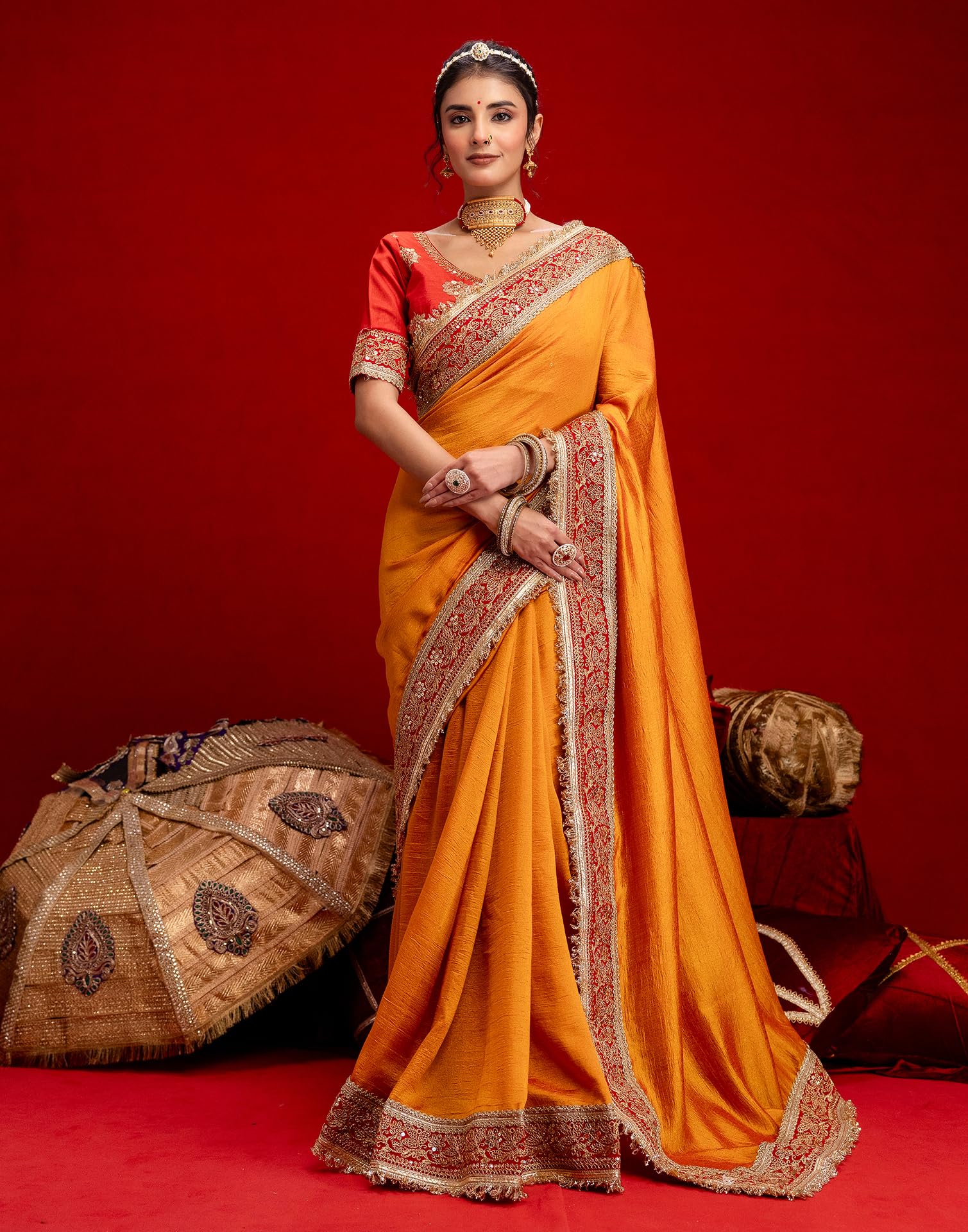 SIRIL Women's Vichitra Silk Sequins Embroidery Lace Saree With Unstitched Blouse Piece(5015S3581_Orange)