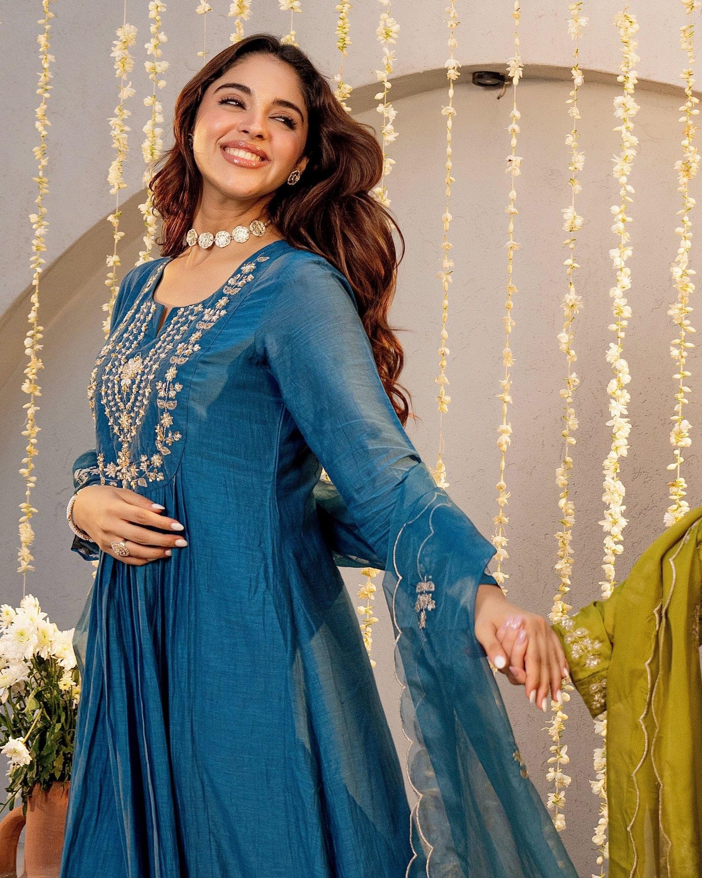 Nermosa Women Embroidery Solid A-Line Kurta and Pant Set with Dupatta (IN, Alpha, L, Morepeach)