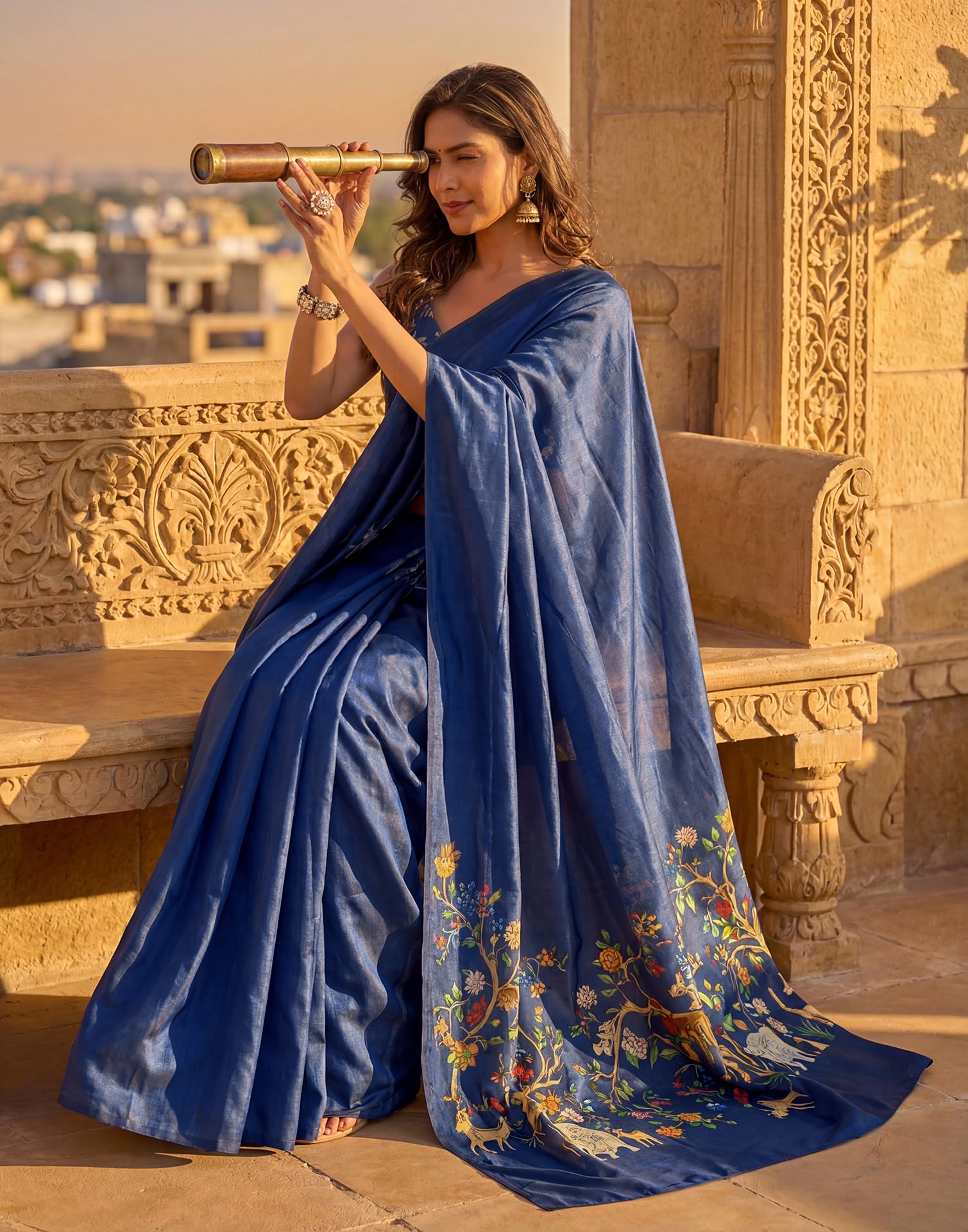 SIRIL Women's Silk Printed One Minute Ready To Wear Saree With Unstitched Blouse Piece(93RS309_Navy Blue)