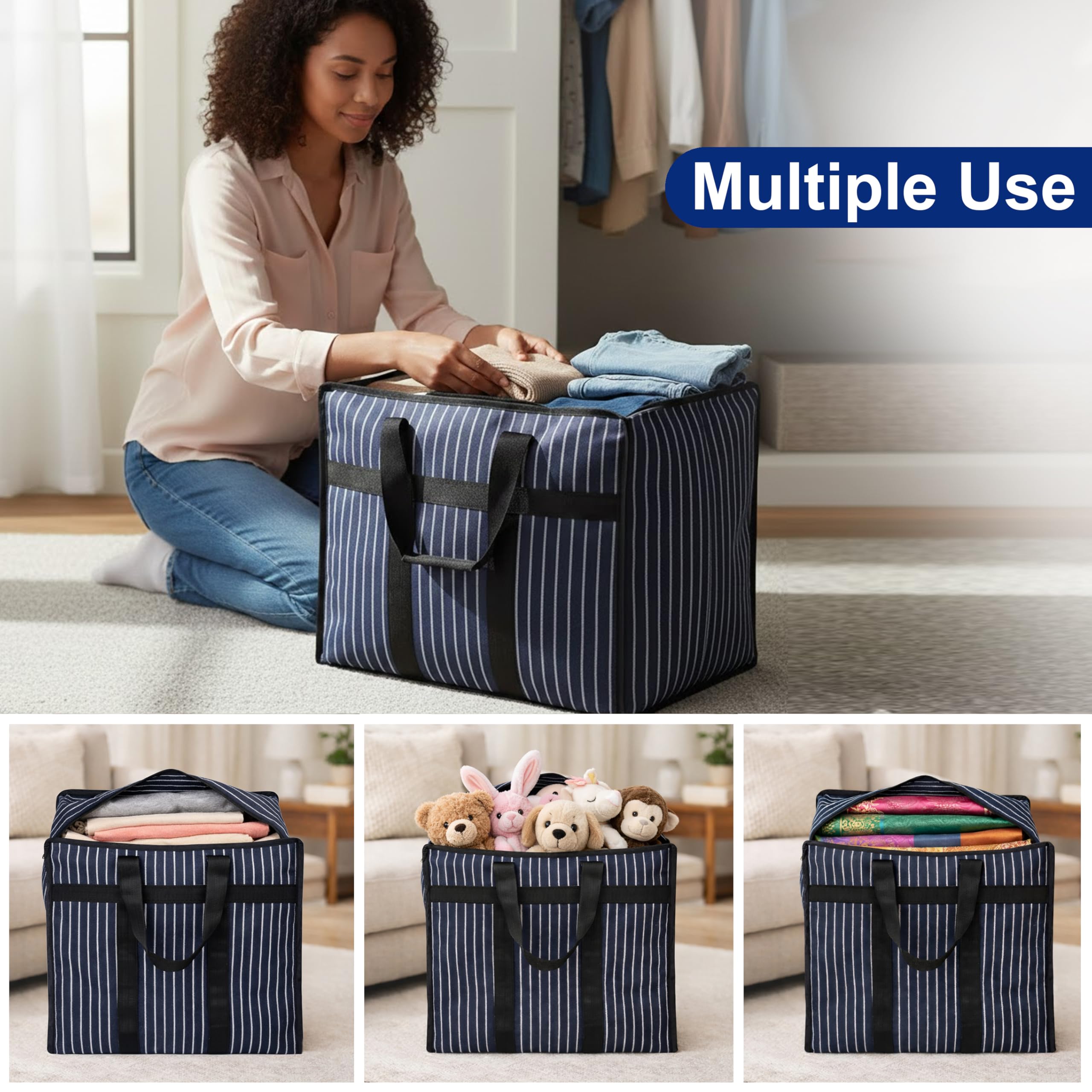Match Made 2PK Extra Large Heavy Duty Canvas Storage Organizer Bag with Zip | Multipurpose Jhola Thaila with Strong Handles & Base for Home Storage, Travel, Laundry & Wardrobe – Black