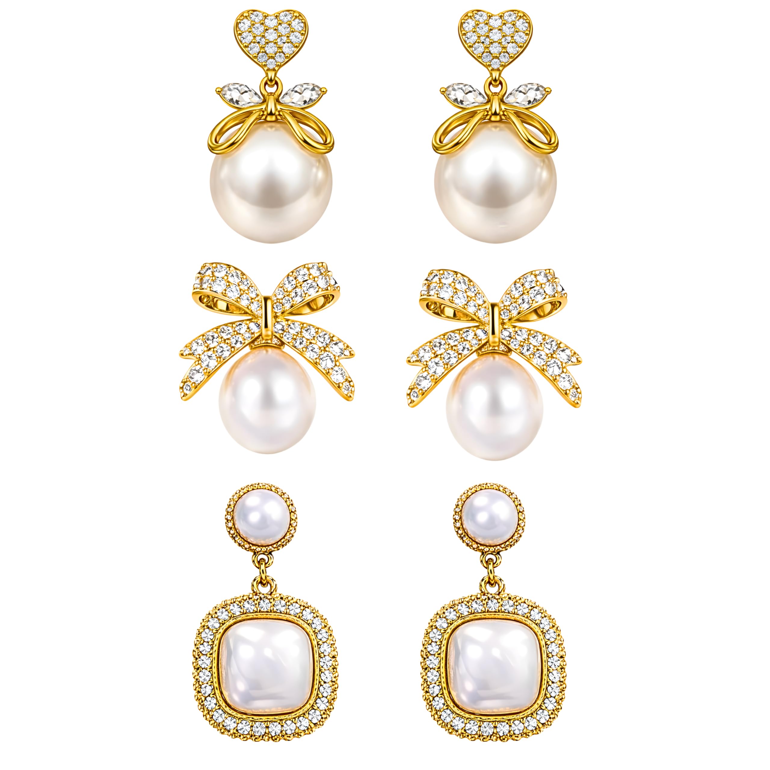 Combo of 3 Latest stylish Pearl earrings set for women and girls | drop earrings, bow earrings & halo earring set | Korean earrings set | Pearl studs earrings for women & Girls