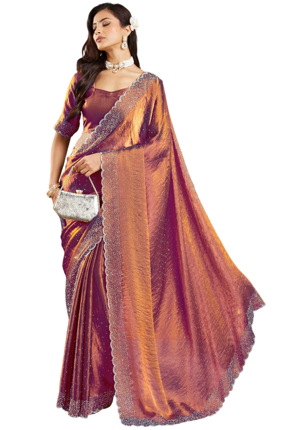 sadika fendy Chiffon Silk Saree with Scallop Beaded Border | Hand Embellished Party Fancy Festival Wedding Bollywood Style Saree with Matching Blouse (Chocolate)