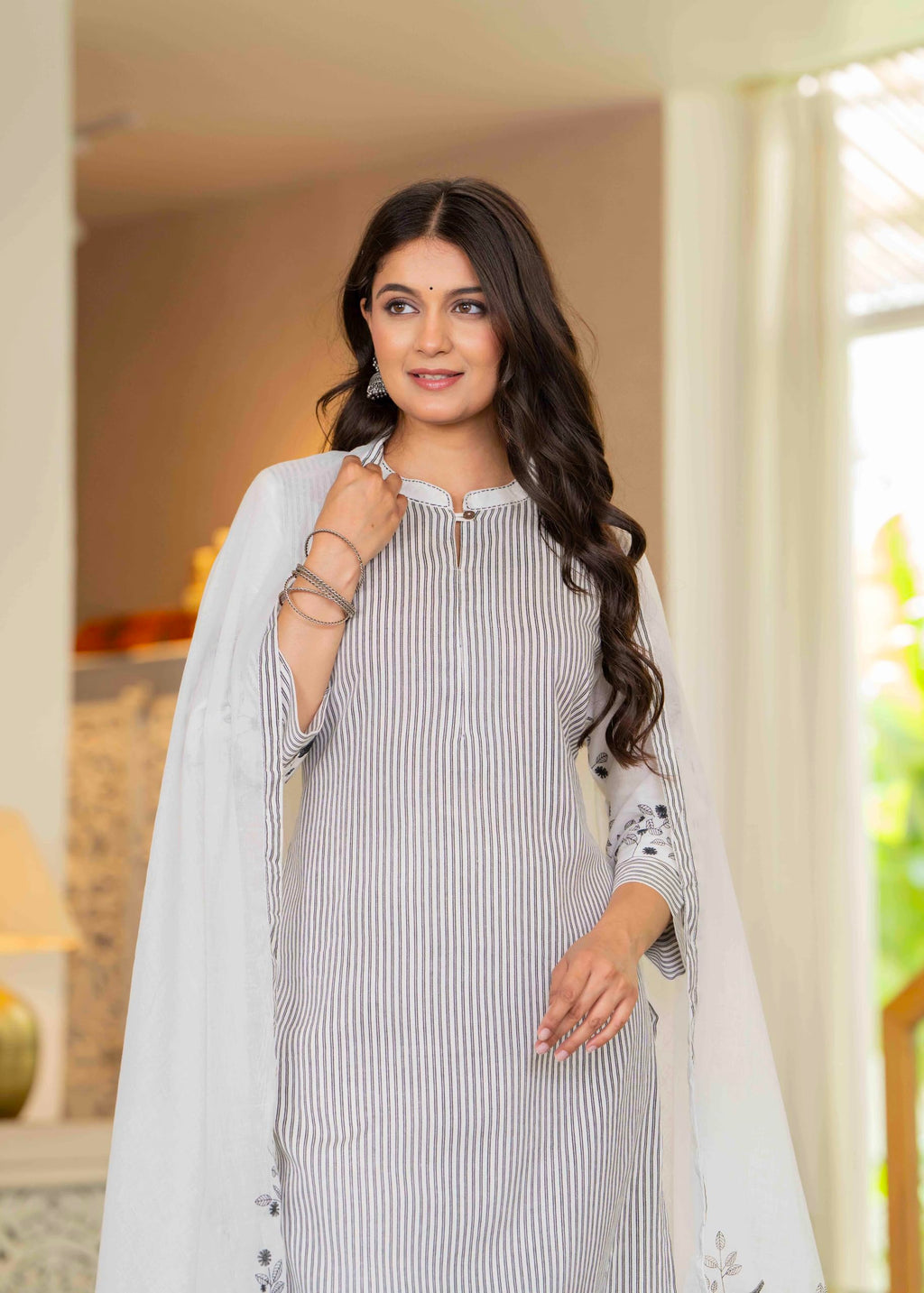 Pistaa's women Cotton Striped Straight salwar Suit Set (Off White, Medium)
