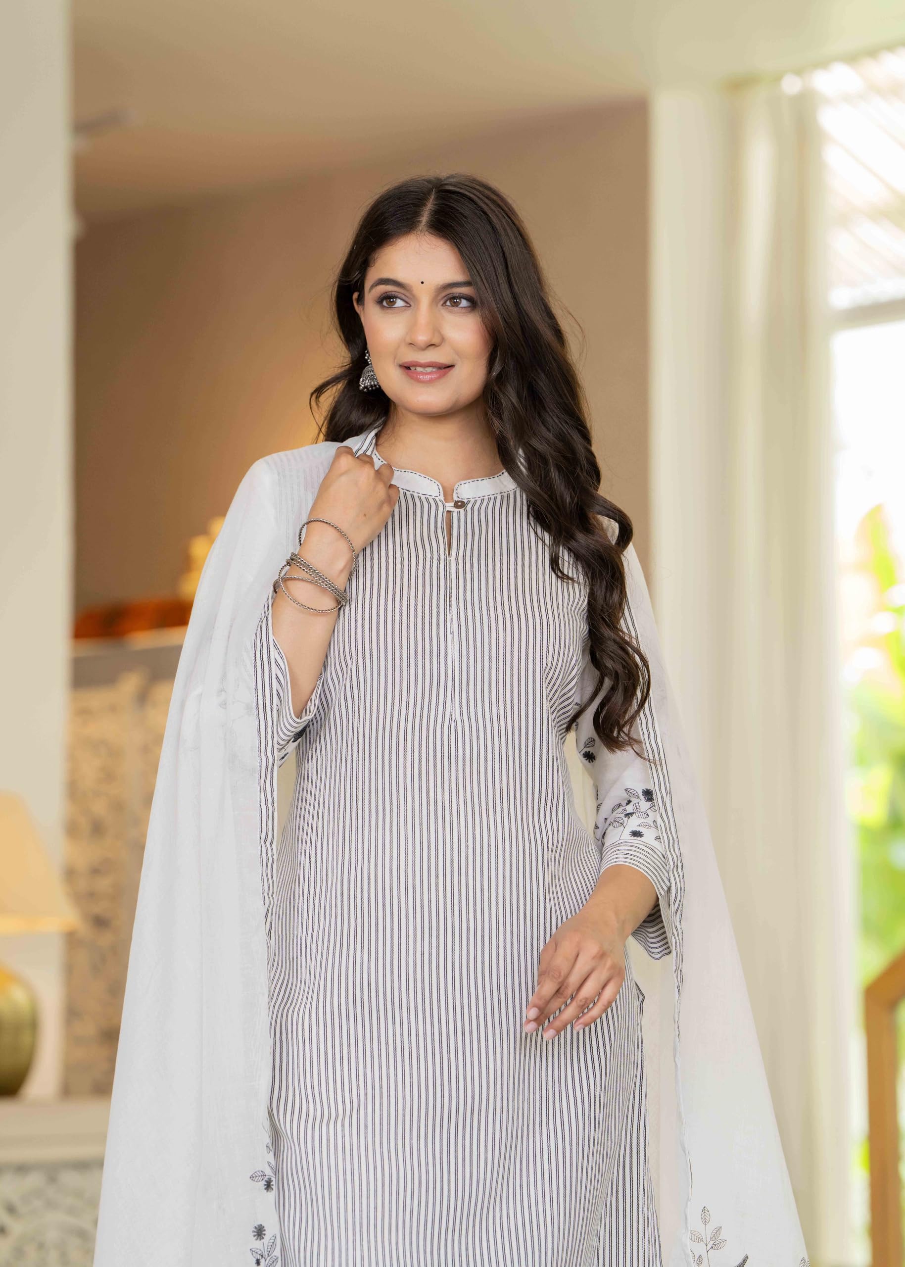 Pistaa's women Cotton Striped Straight salwar Suit Set (Off White, Medium)