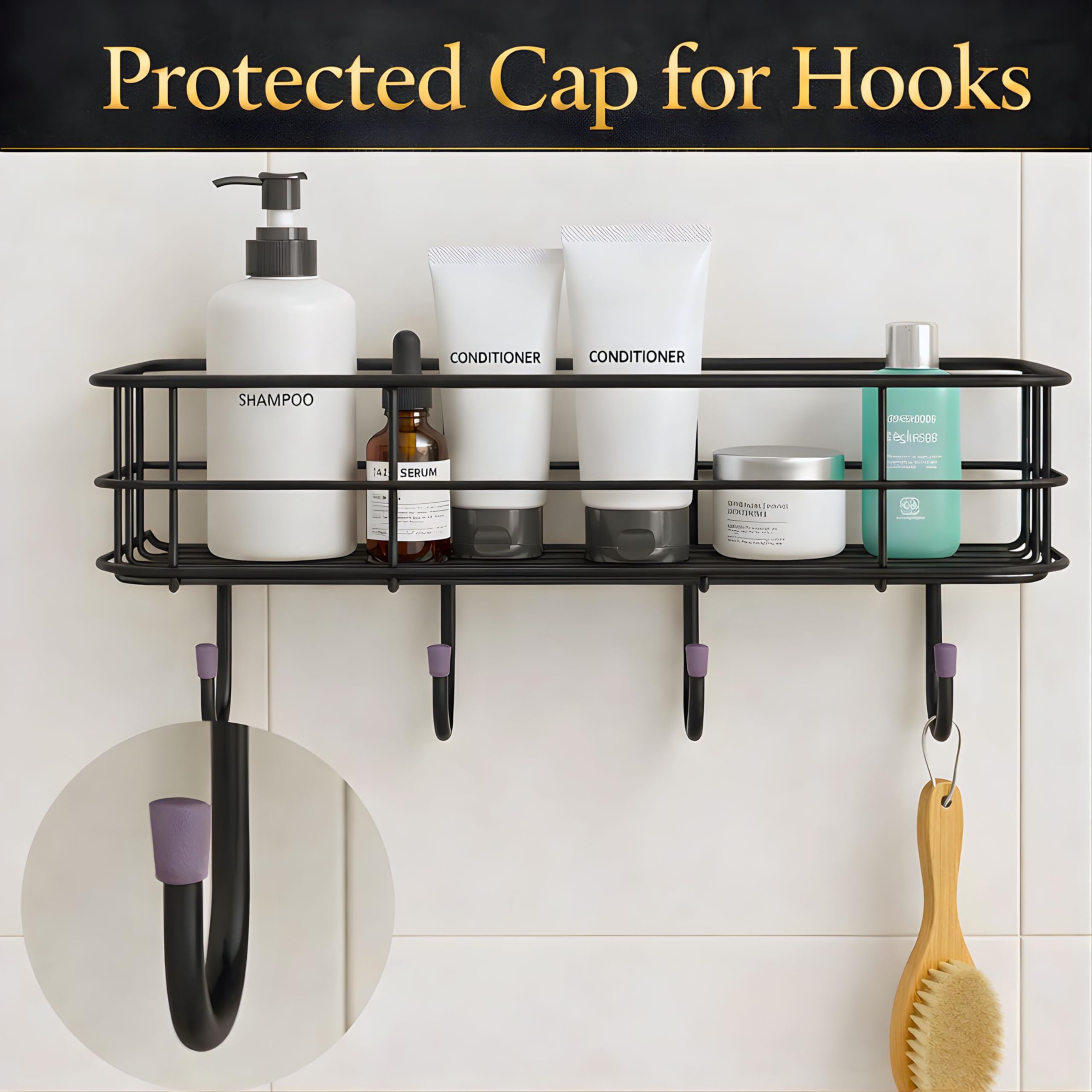 GLOXY Premium Black Metal Self-Adhesive Bathroom Organiser Without Drilling - Multipurpose Wall Mounted Shampoo Holder Bathroom Shower Caddy with 4 Hooks - Pack of 1