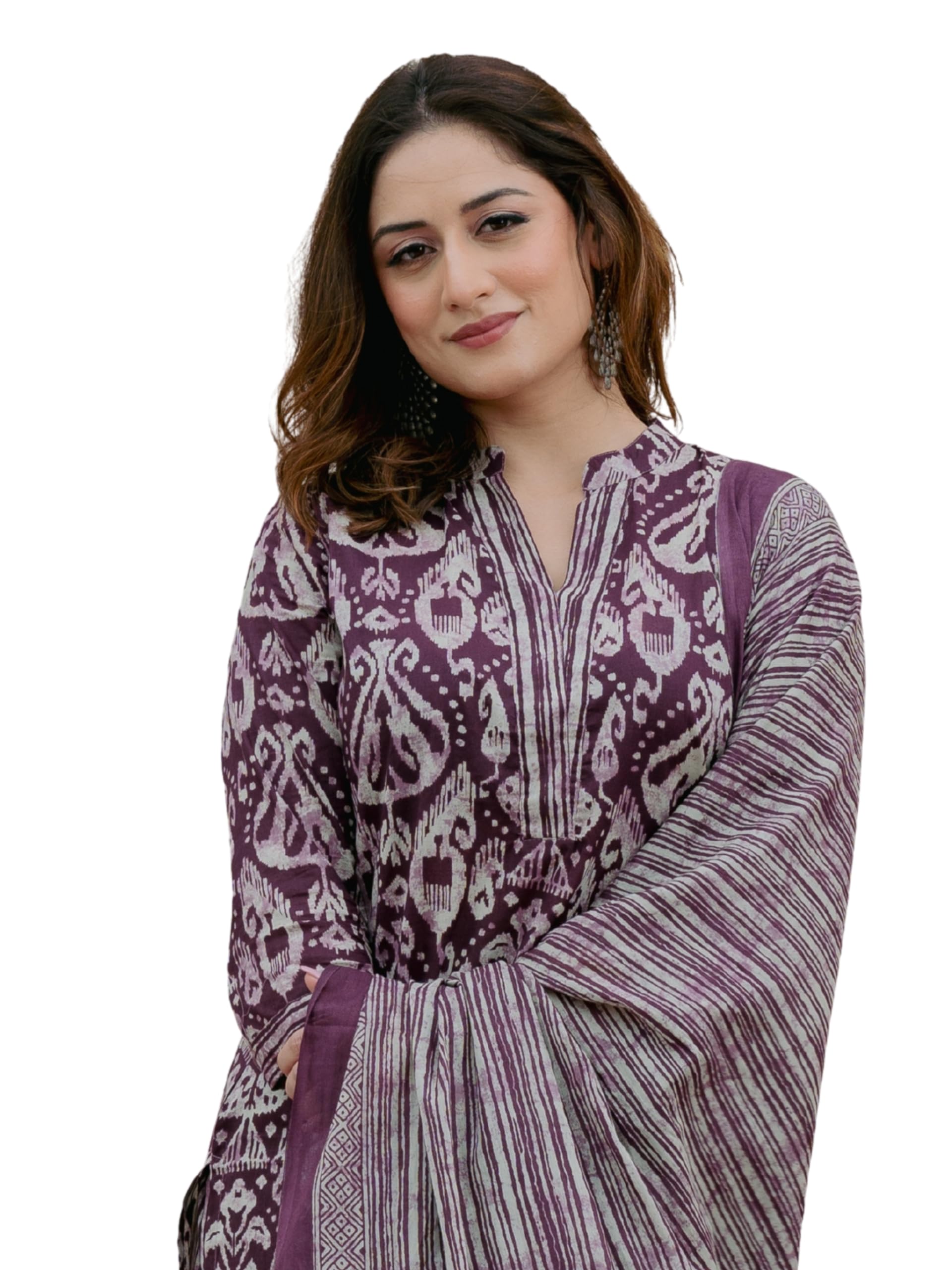 Arayna Women’s 100% Pure Cotton Ikat Printed Ethnic Straight Kurta Pant and Dupatta Set for Women, Plum Purple, XX-Large