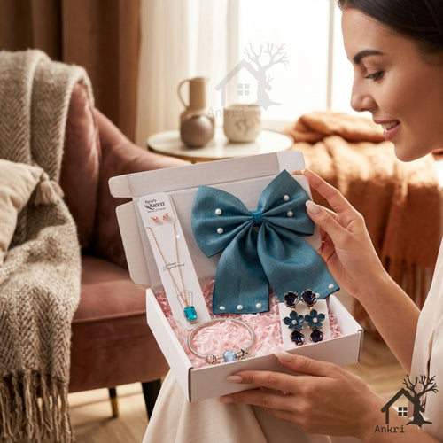 5 Pcs Trendy Hair Accessories & Jewelry Gift Set for Girls & Women, Hair Bow, Jewellery Set, Pendant Necklace with Earrings, Flower Hair Pins, Charm Bracelet, White Gift Box Included, Random Designs as per Latest Trend