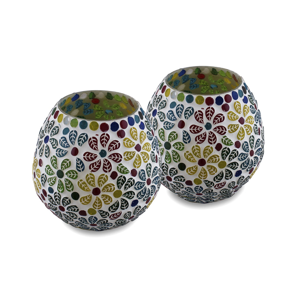 Homesake Tealight Candle Holders for Home Decor, Mosaic Glass, Flowers, Decorations for Home, Item for Diwali Festival Home Decor Item | Pack of 2