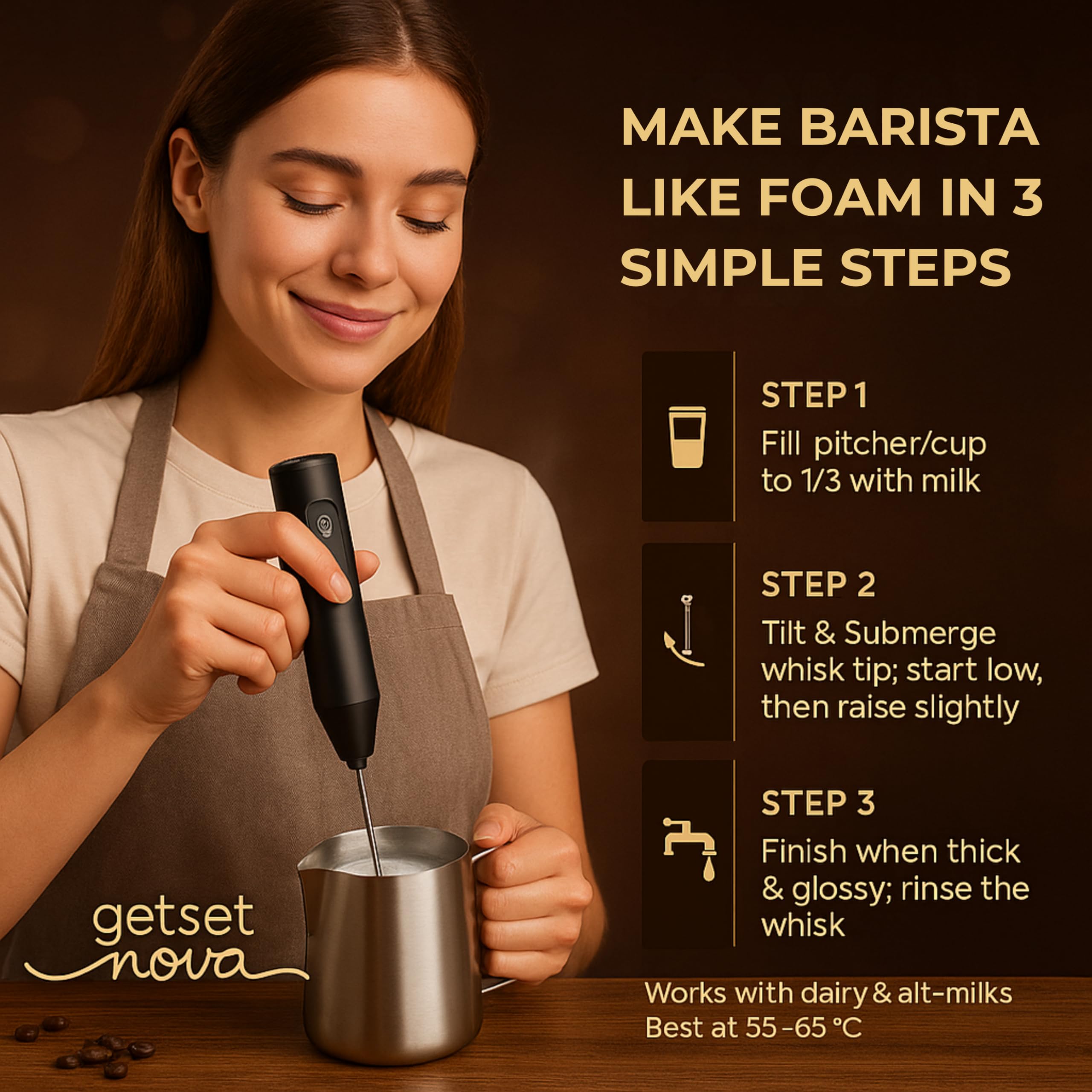 GetSetNova Frother Coffee Frother Electric and Coffee Beater Electric Stainless Steel Whisk USB C Rechargeable Microfoam Maker Coffee Maker Machine for Home with Recipe Book and One Year Warranty
