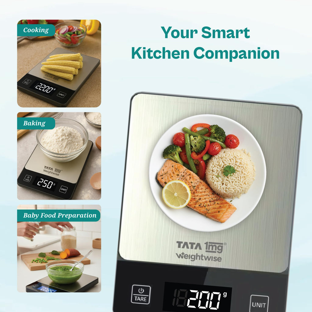 Tata 1mg Weightwise Kitchen Weighing Scale | 1g Precision | Stainless Steel | Max Capacity 5 kg | Auto Power-Off Feature | Ideal for Daily Diet Tracking, Portion Control and Weight Management Goals