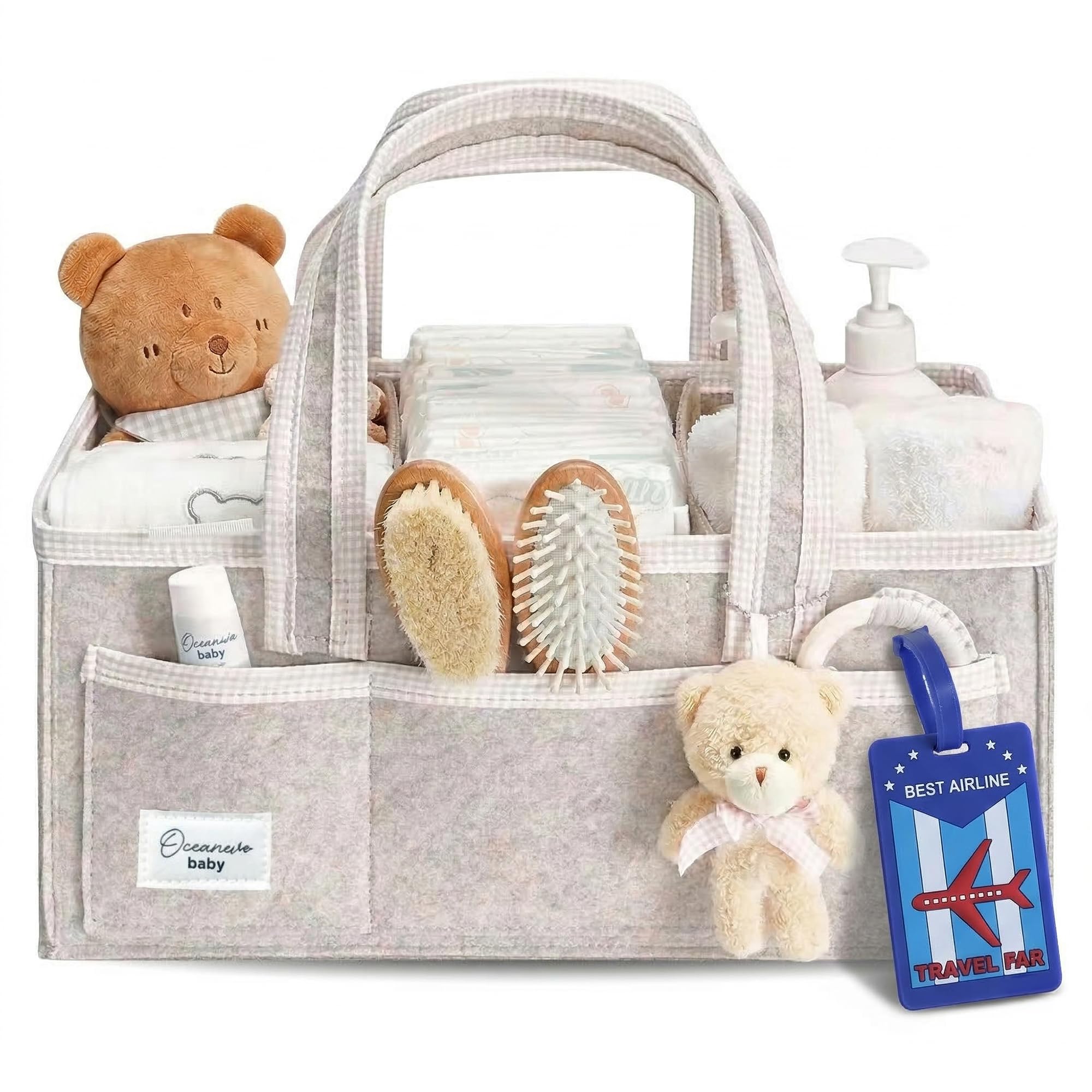 OCEANEVO Cute Felt Diaper Caddy Organiser Bag WITH Luggage Tag AND Bear Charm, Baby Basket for New Born Baby Essential Products with Compartments and Handle - 41 x 25 x 18 Cm - Beige - 1 Year Warranty