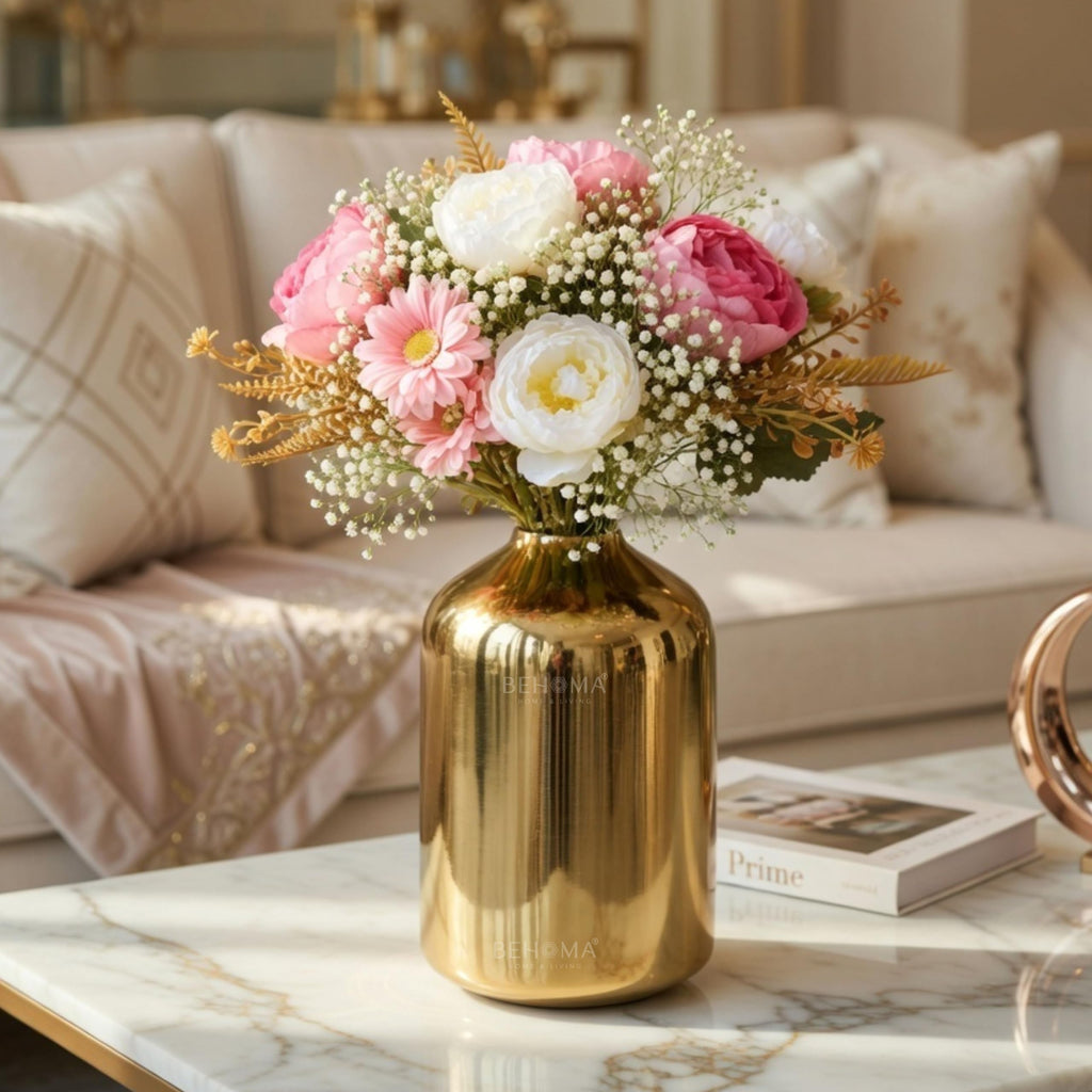 Behoma Metal Flower Vase for Home Decor Bedroom Living Room Office Wedding | Table Decorative Item for Festivals Birthday Gold (Flower Not Included, Modern)