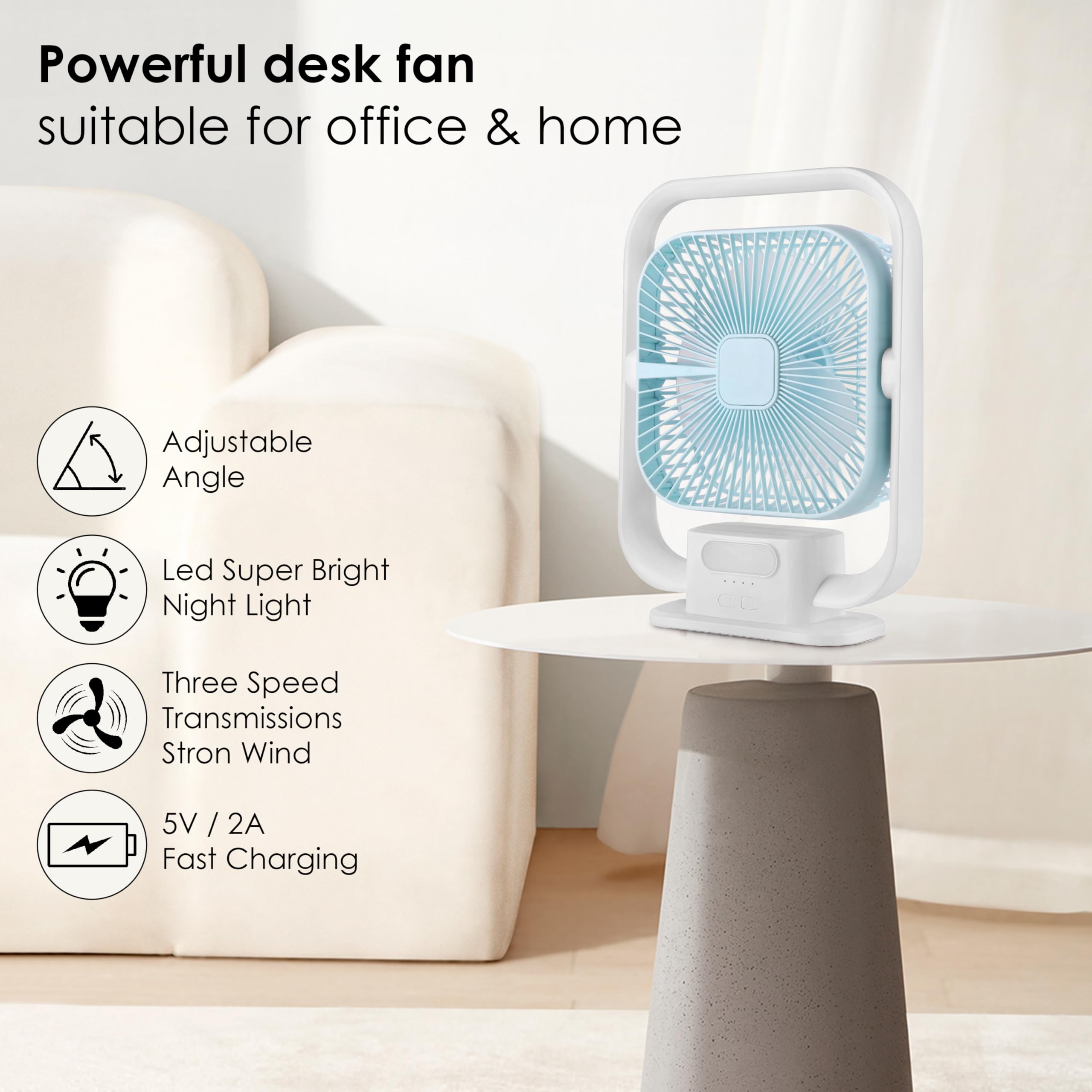 Gesto 9.6 Inch High Speed Rechargeable Table Fan for Home – USB Charging Battery Fan With Led Light | 3000mAh Battery for Upto 8 Hours Runtime | 3 Speed Modes Portable fan for Home,Office,Desk,Kitchen