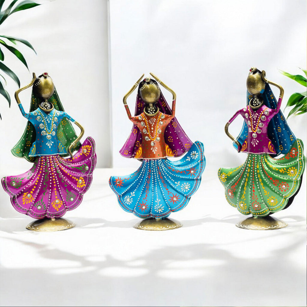 KRAFTSKALA Set of 3 Metal Figurine Dancers Home Decor Item for Living Room, Bedroom, Wedding Festive Housewarming Gift Showpiece Rajasthani Dancing Dolls