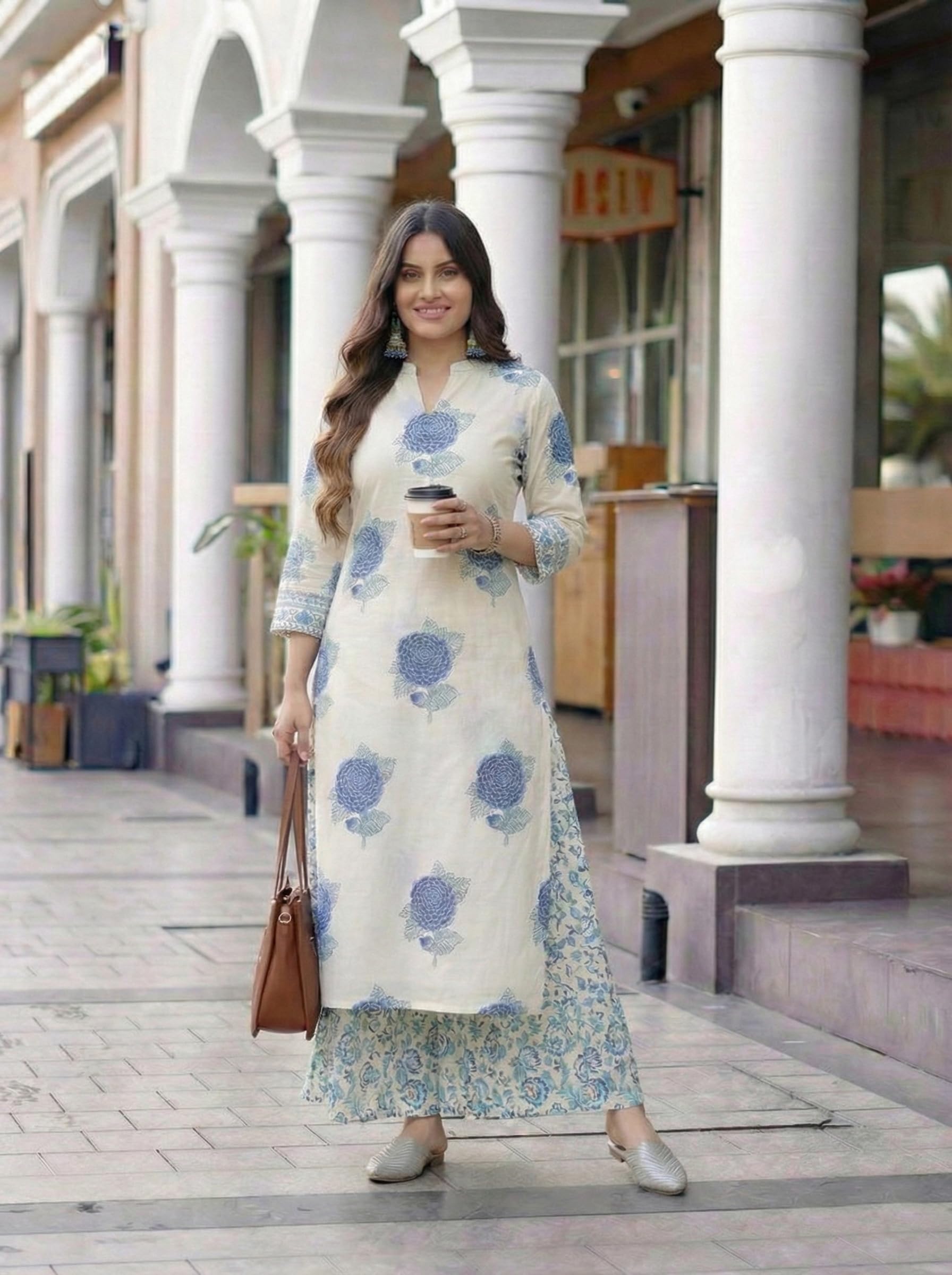 ANNI Designer Women's Viscose Blend Straight Printed Kurta with Palazzo (Chinon White_XXL_White_XX-Large)